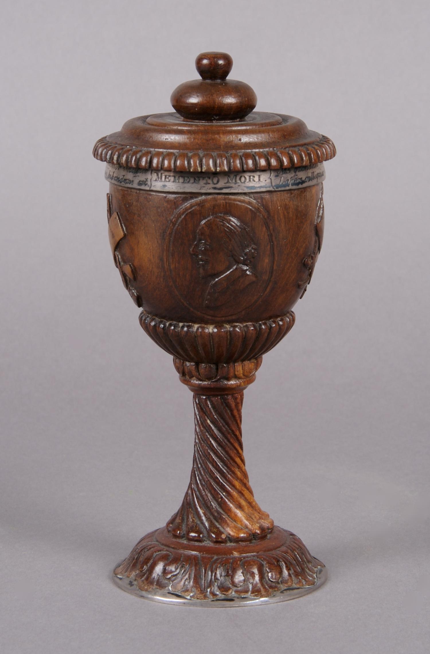 An English Silver Mounted Treenware Cup and Cover, Height 6 1/2 inches.
