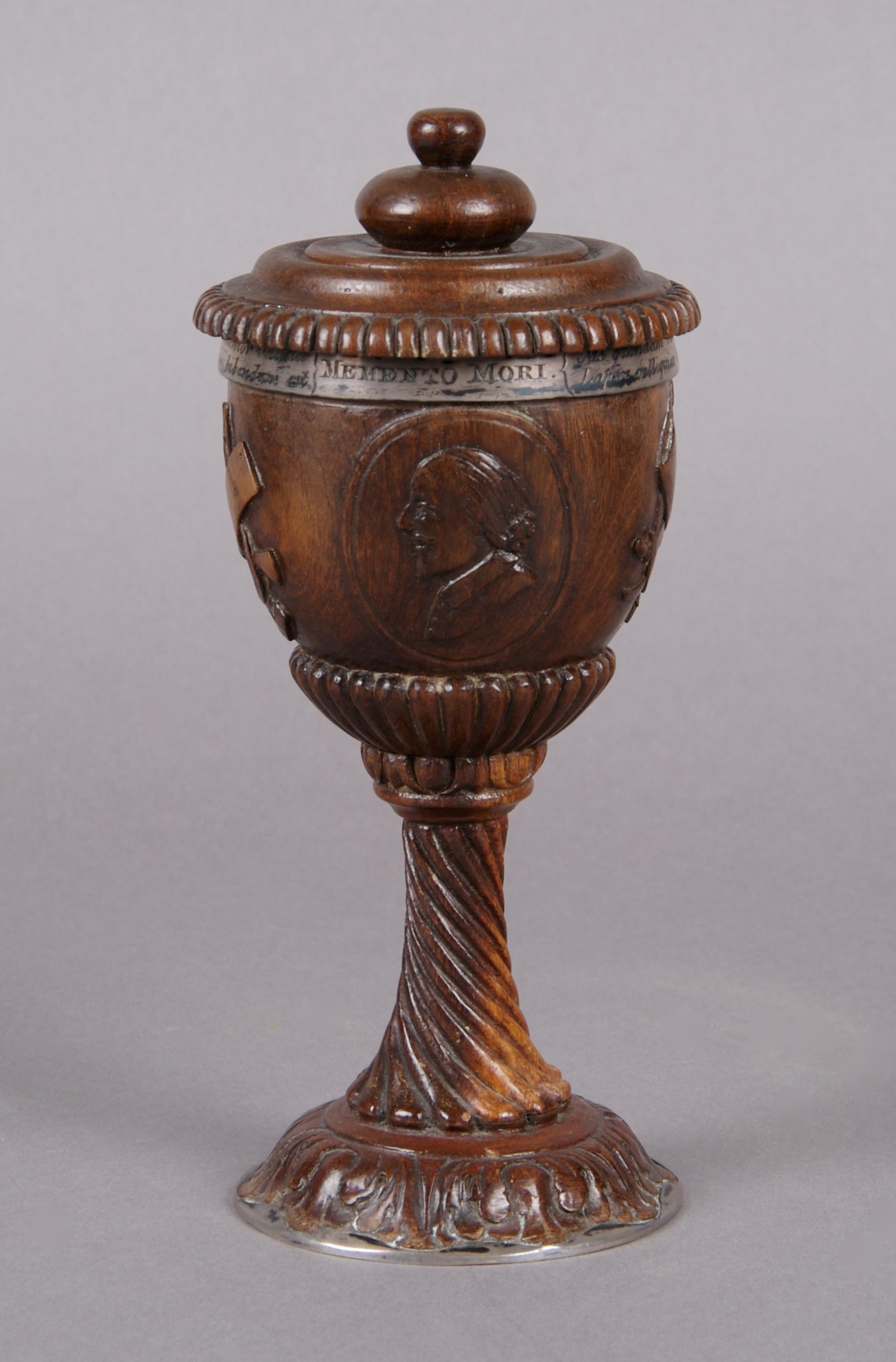 An English Silver Mounted Treenware Cup and Cover, Height 6 1/2 inches.