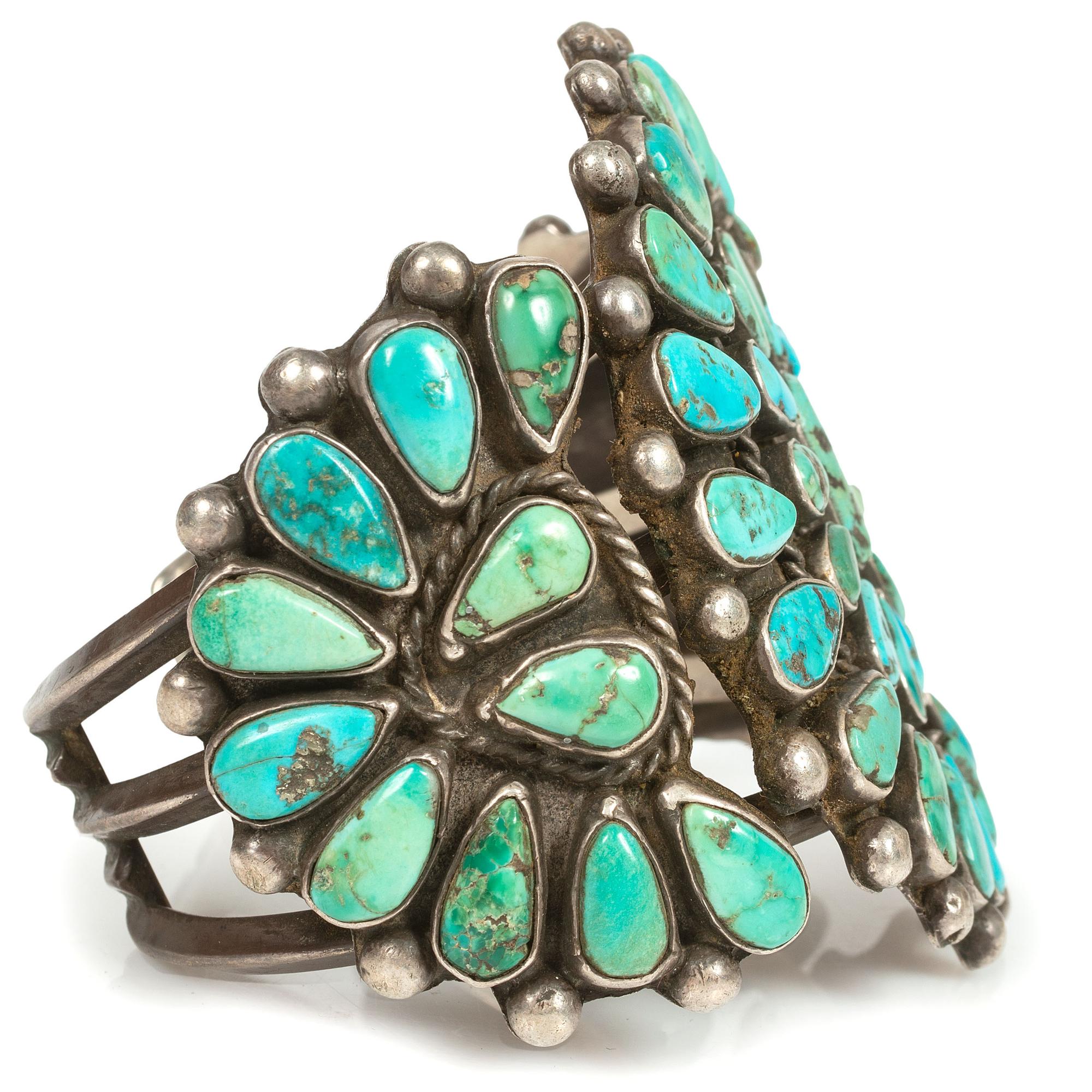 Navajo or Zuni Silver and Turquoise Cluster Cuff Bracelet