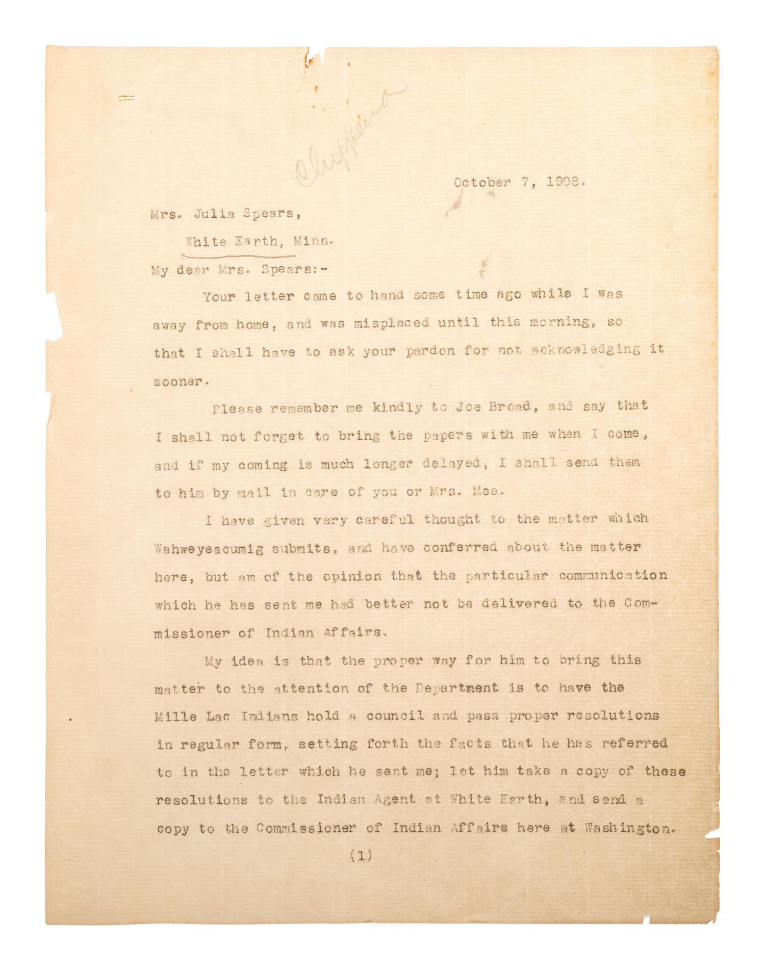 [NATIVE AMERICANS]. A group of documents related to the Sioux, Chippewa, and Cherokee Indians, ca first quarter 20th century.