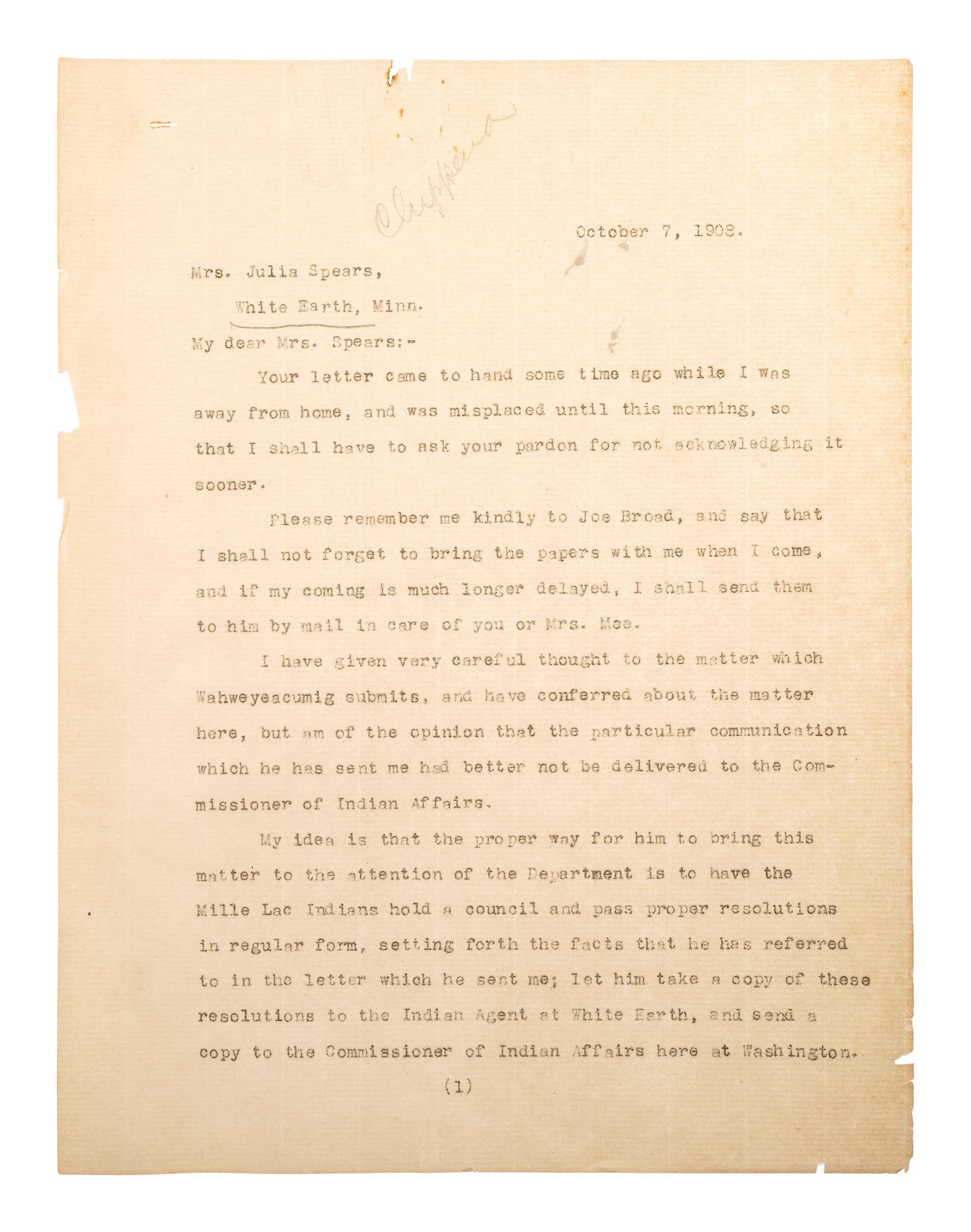 [NATIVE AMERICANS]. A group of documents related to the Sioux, Chippewa, and Cherokee Indians, ca first quarter 20th century.
