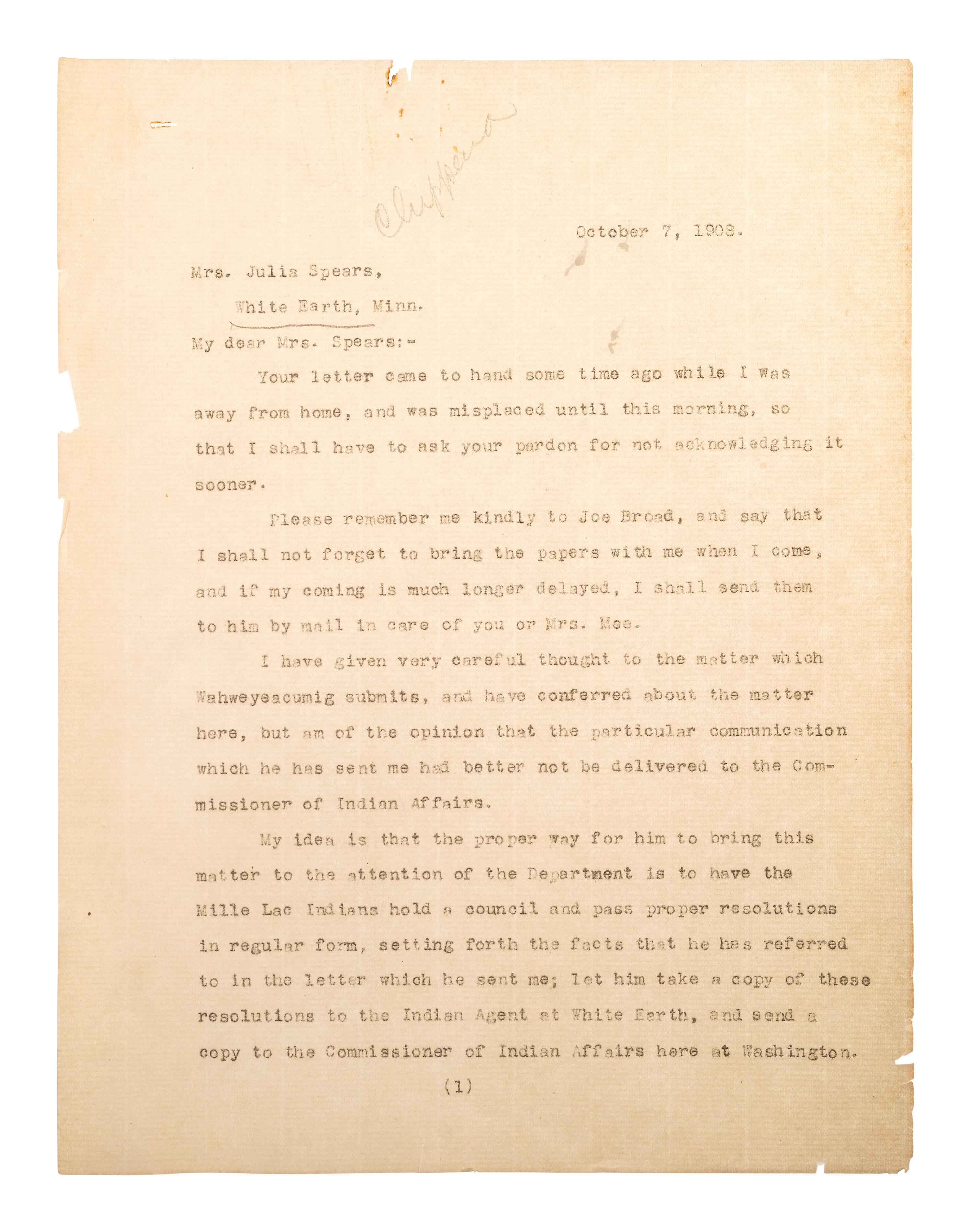 [NATIVE AMERICANS]. A group of documents related to the Sioux, Chippewa, and Cherokee Indians, ca first quarter 20th century.