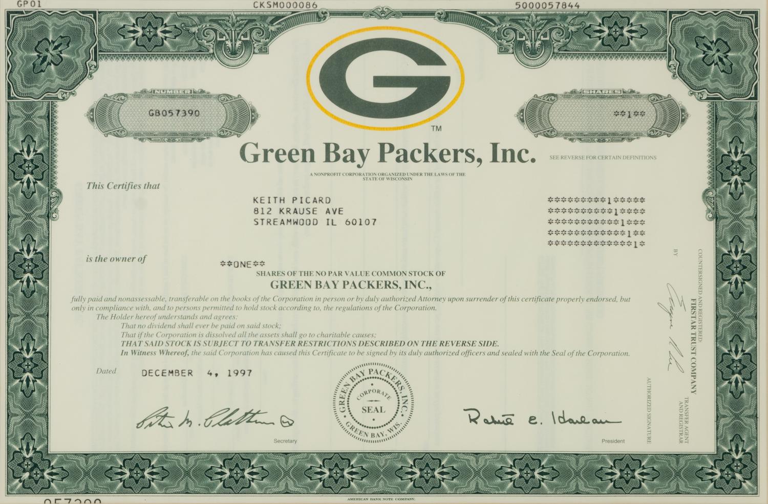 A 1997 Green Bay Packers Stock Certificate,