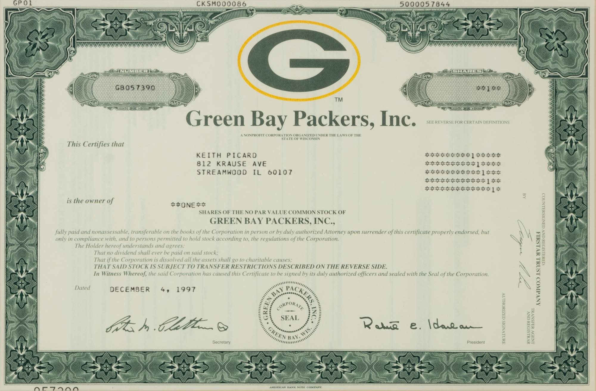 A 1997 Green Bay Packers Stock Certificate,