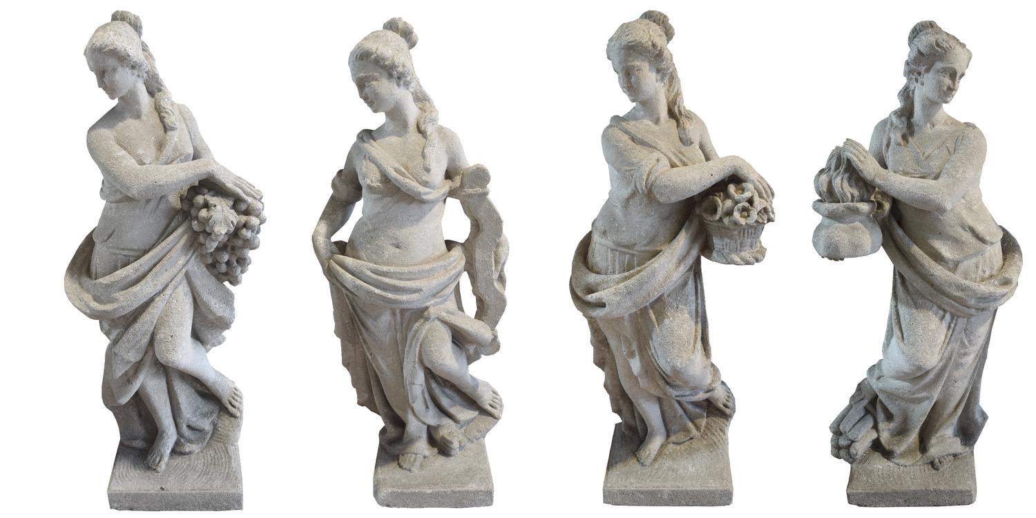 A Set of Four Carved Stone Statues Allegorical of the Seasons 14.5" W x 11" D x 35" H, 14.5" x 11" x 36", 13" x 11" x 35.25", 14" x 11. — Italian, Circa 1870