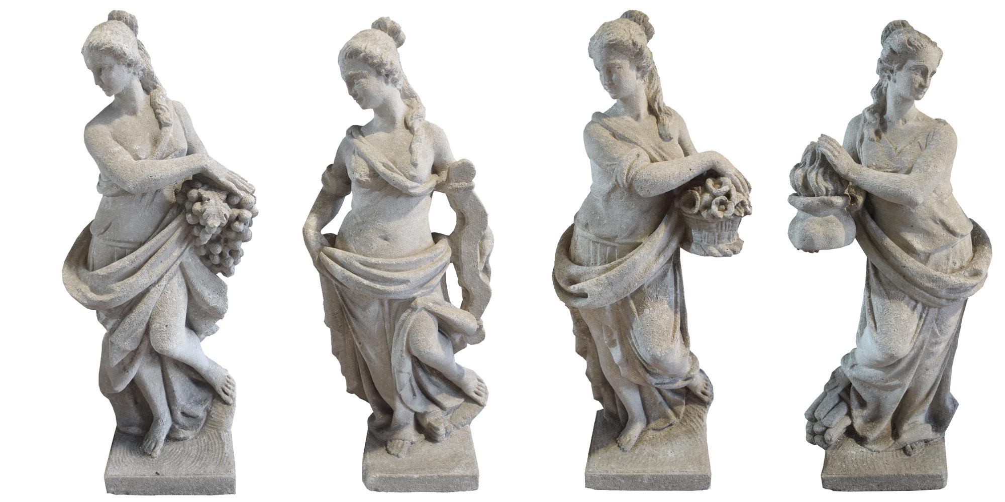 A Set of Four Carved Stone Statues Allegorical of the Seasons 14.5" W x 11" D x 35" H, 14.5" x 11" x 36", 13" x 11" x 35.25", 14" x 11. — Italian, Circa 1870