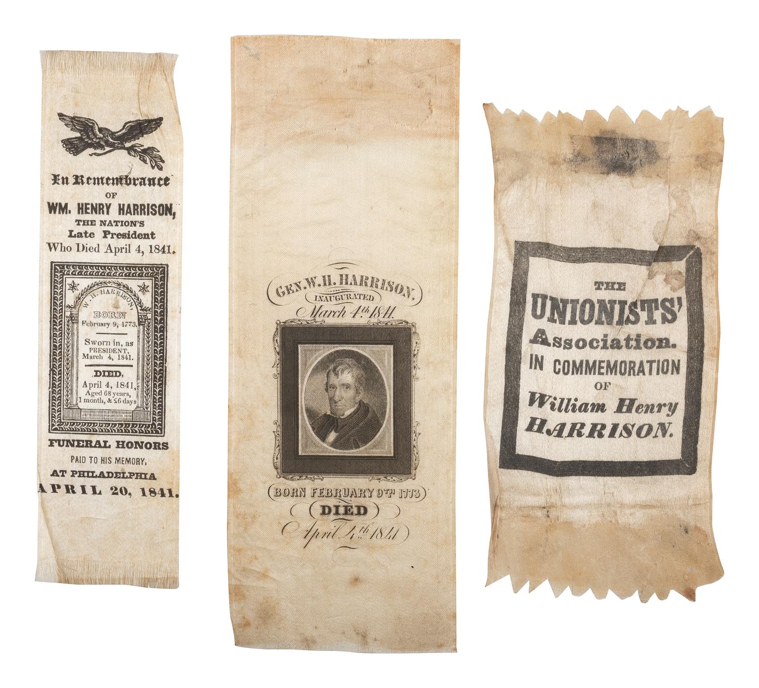 [HARRISON, William Henry]. A group of 6 William Henry Harrison memorial ribbons.