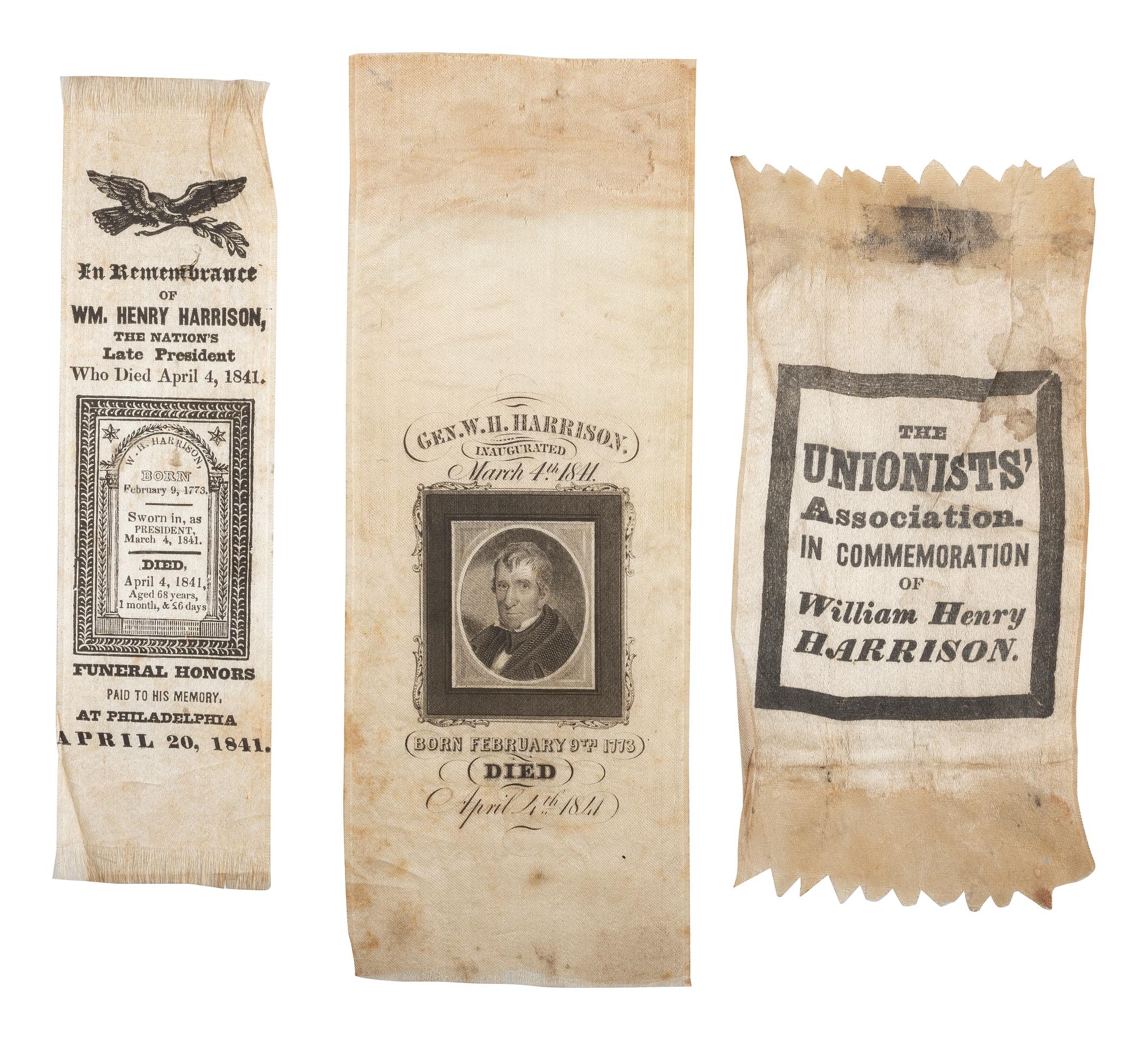 [HARRISON, William Henry]. A group of 6 William Henry Harrison memorial ribbons.