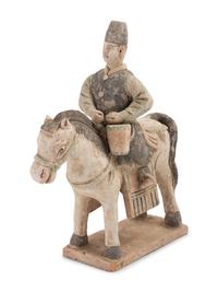 A Chinese Painted Terra Cotta Burial Figure of a Mounted Attendant