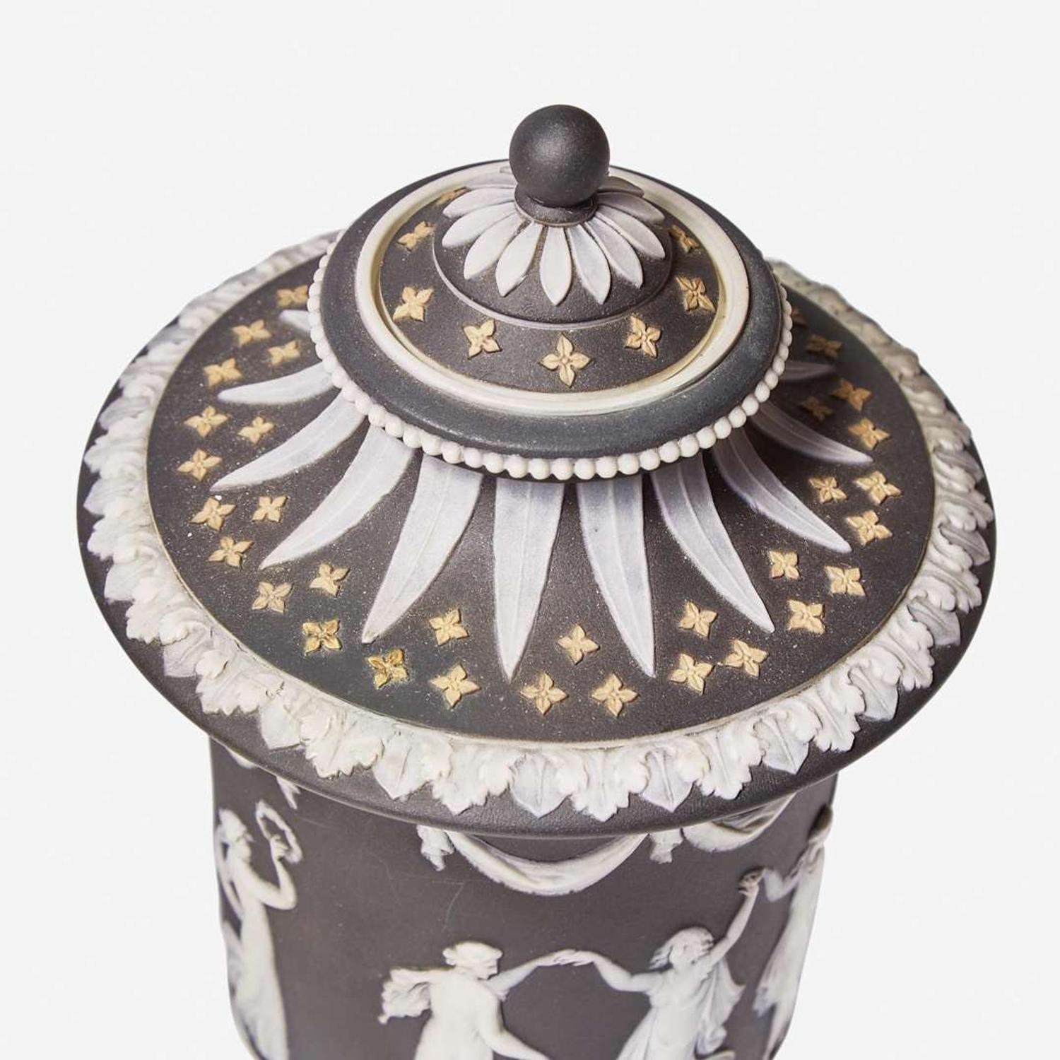 Two Wedgwood Tricolor Diceware Dancing Hours Vases with Covers UK, circa 1900