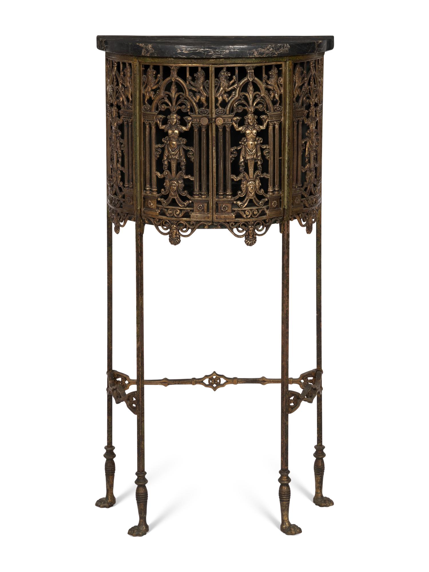 An Art Deco Demilune Gilt Iron and Brass Marble Top Cabinet