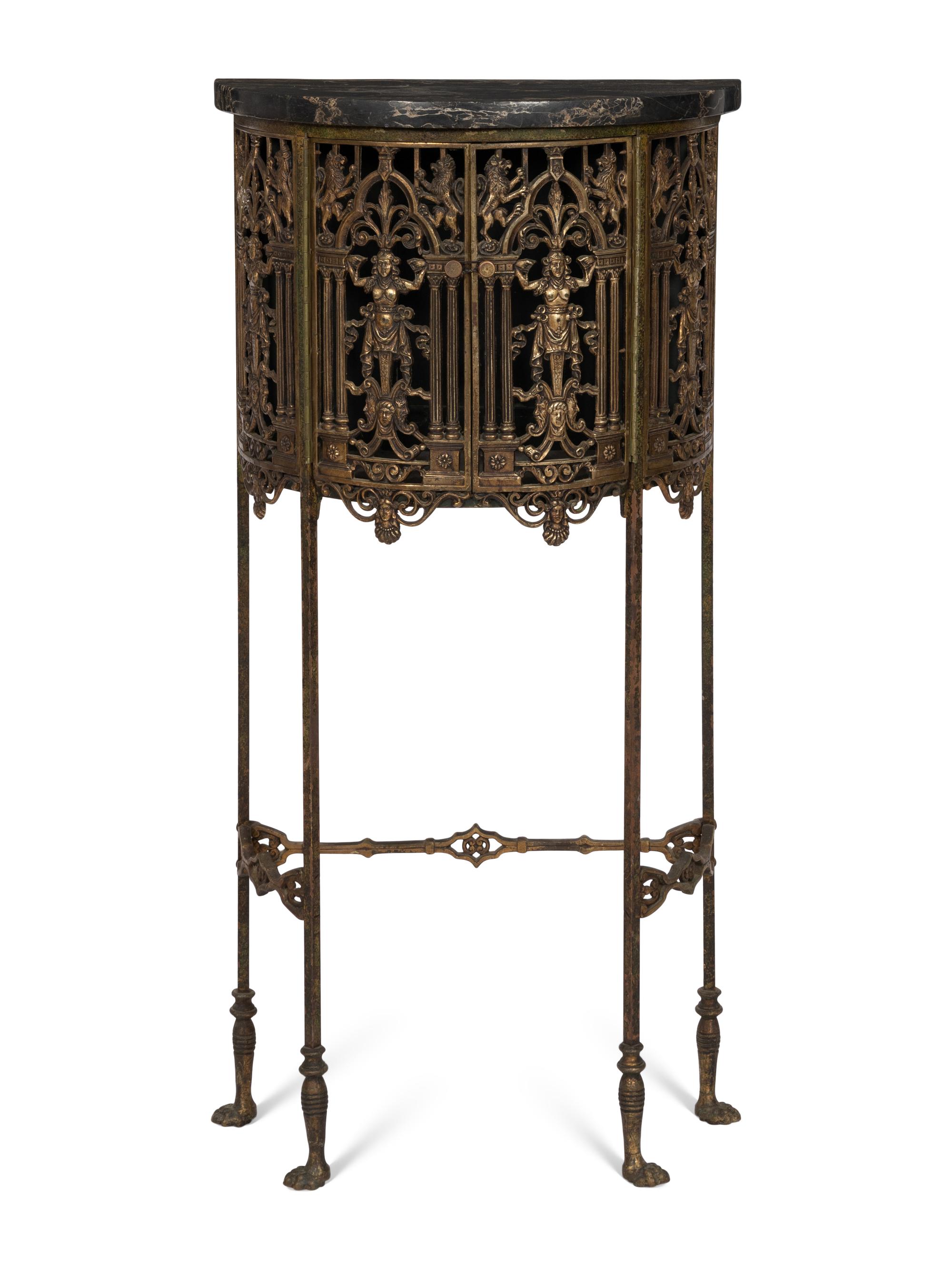 An Art Deco Demilune Gilt Iron and Brass Marble Top Cabinet