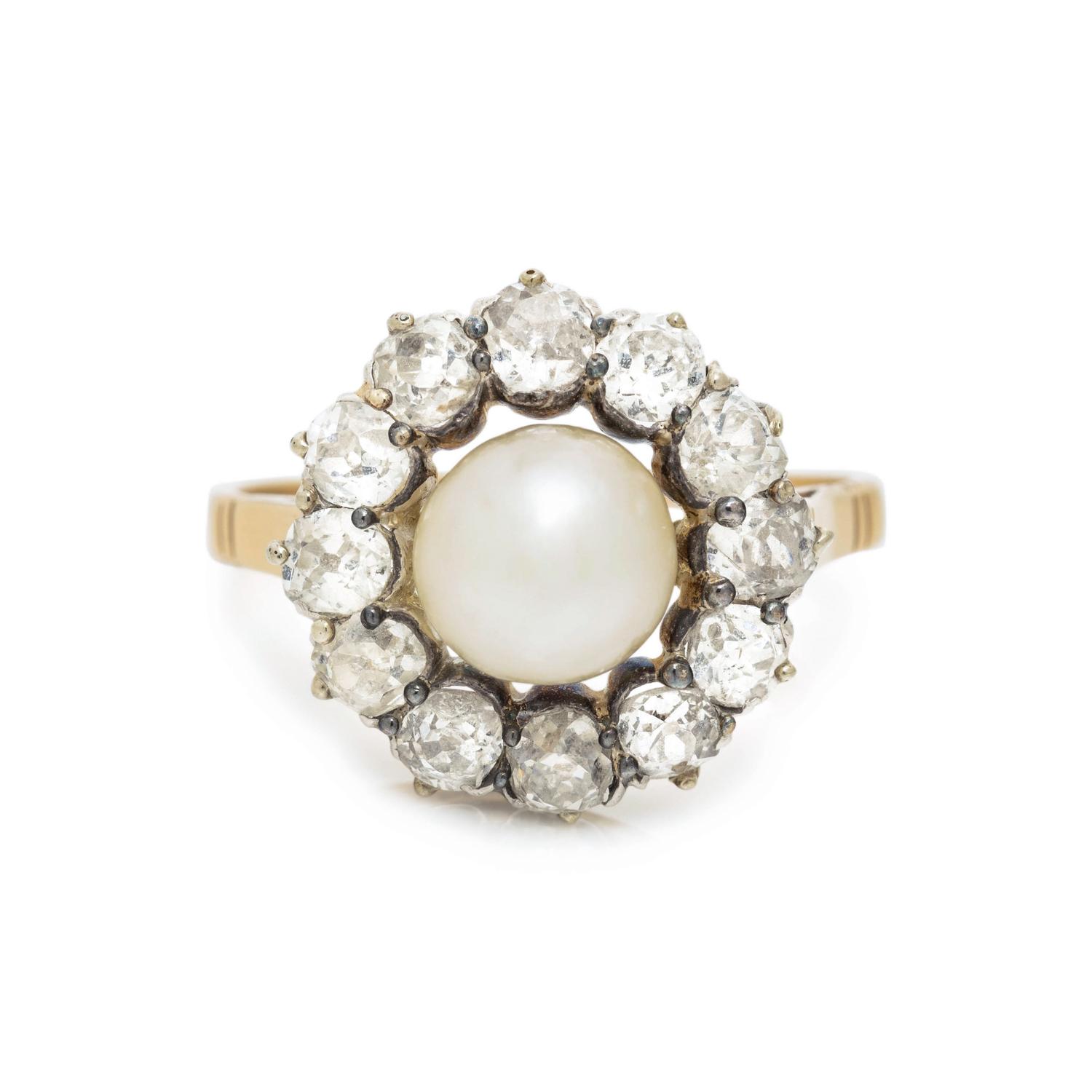 ANTIQUE, CULTURED PEARL AND DIAMOND RING