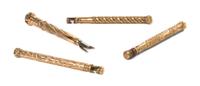 Four Gold Toned Metal Opera Glass Holders, Length of longest 6 1/4 inches (closed).