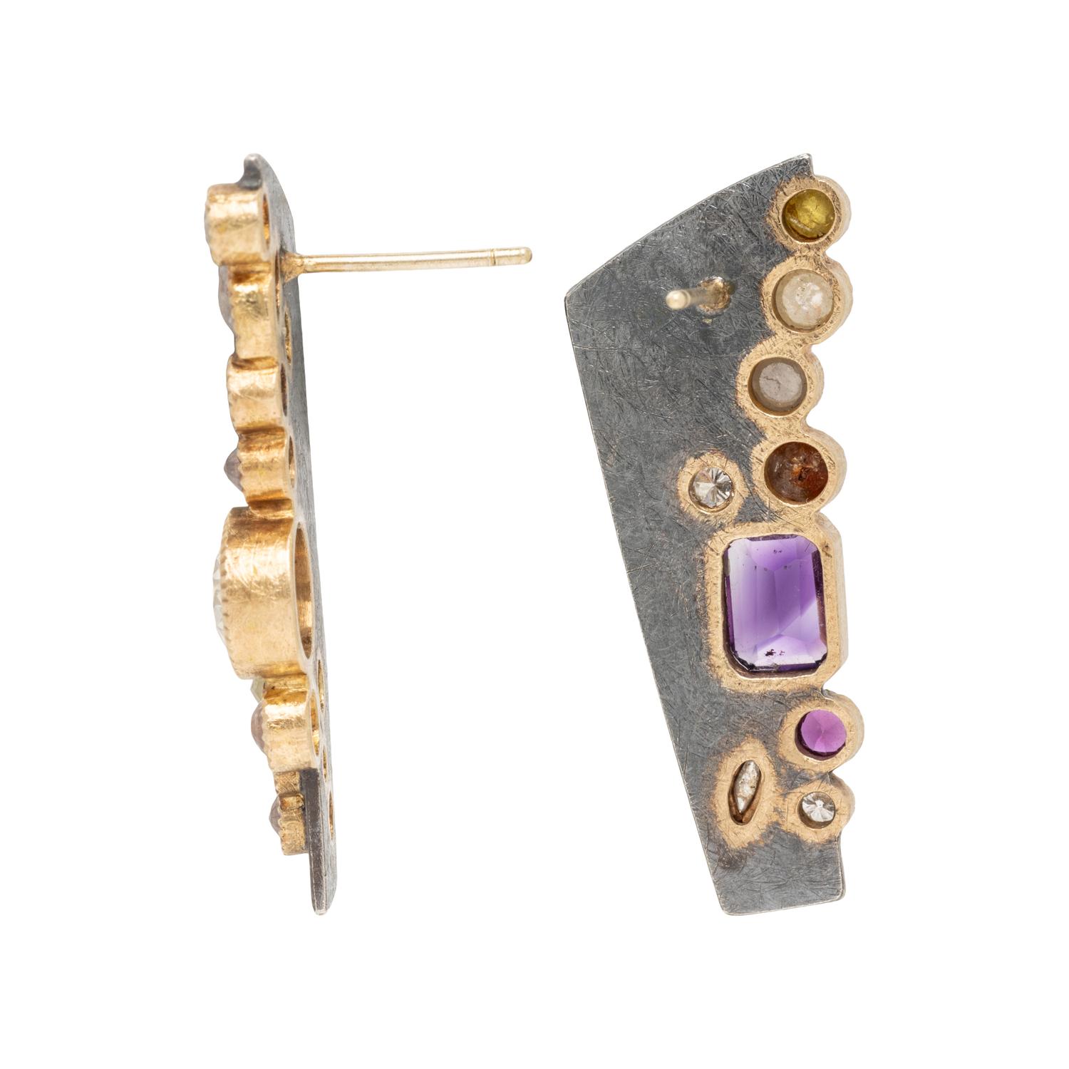 TODD REED, HAND FORGED STERLING SILVER, YELLOW GOLD, MULTICOLORED DIAMOND, AND AMETHYST EARRINGS