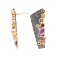 TODD REED, HAND FORGED STERLING SILVER, YELLOW GOLD, MULTICOLORED DIAMOND, AND AMETHYST EARRINGS