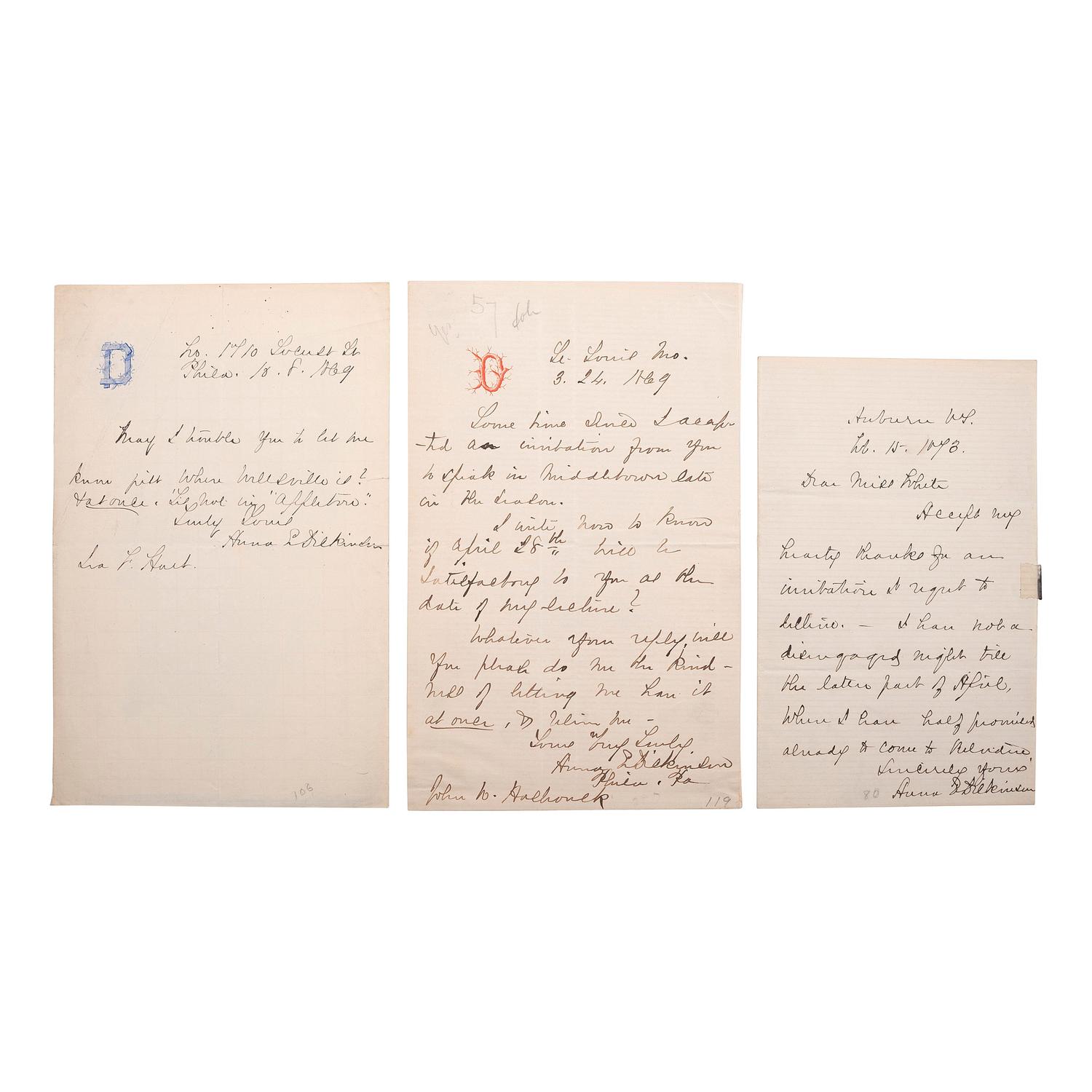 [ABOLITION] -- [WOMEN'S RIGHTS]. DICKINSON, Anna Elizabeth (1842-1932). A group of 3 autograph letters signed and CDV, comprising: