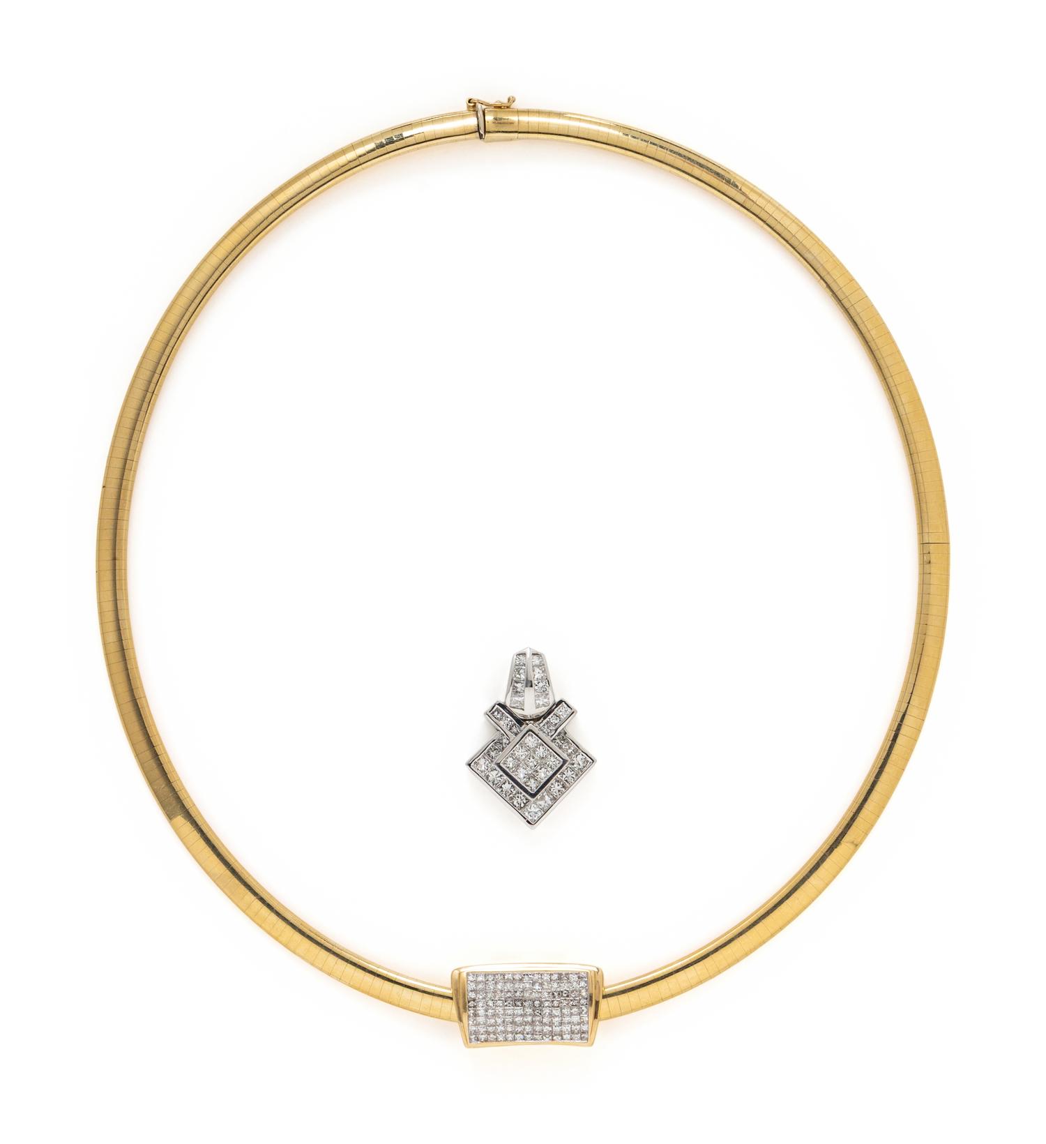 YELLOW GOLD OMEGA CHAIN WITH TWO DIAMOND SLIDES