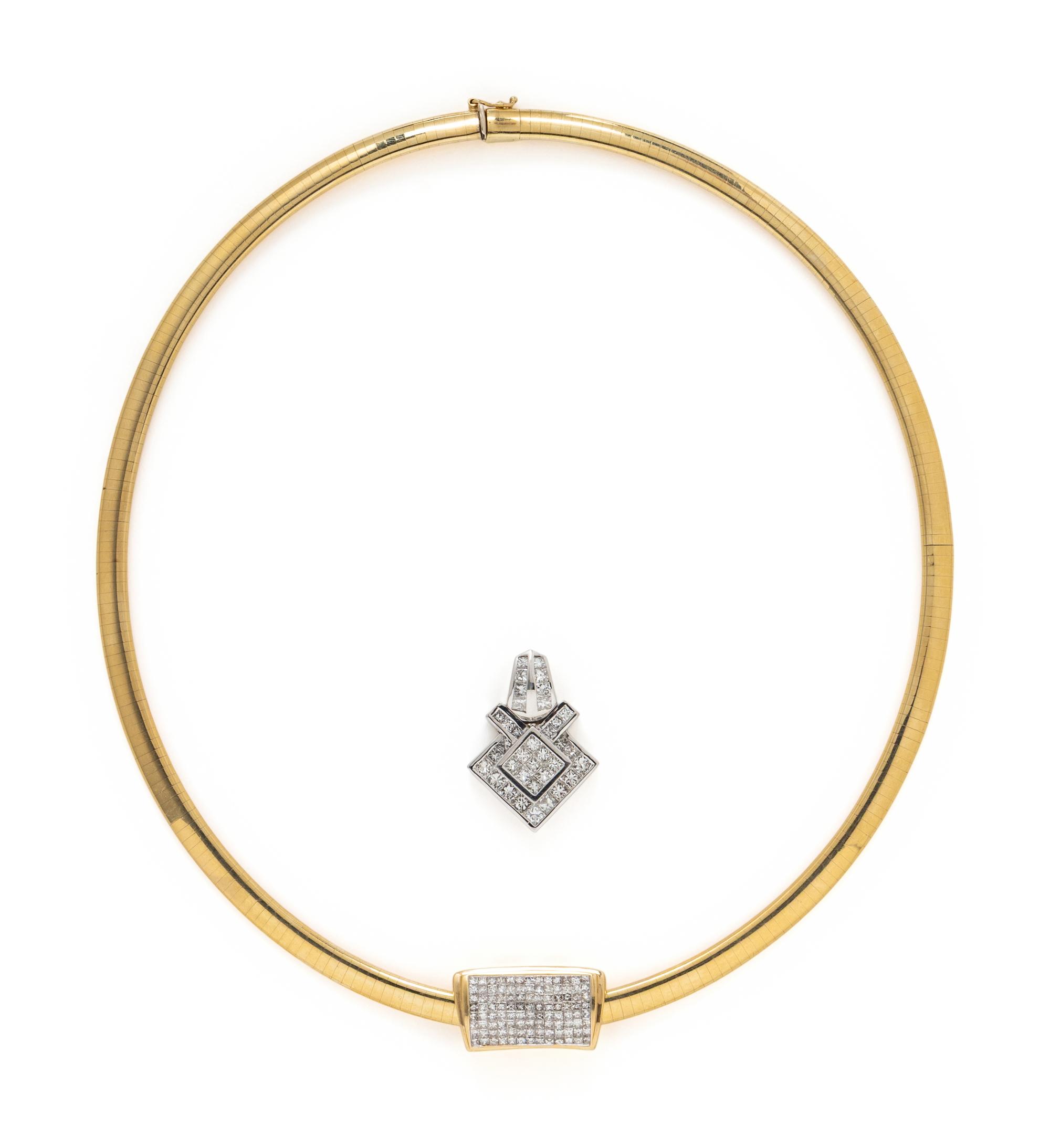 YELLOW GOLD OMEGA CHAIN WITH TWO DIAMOND SLIDES