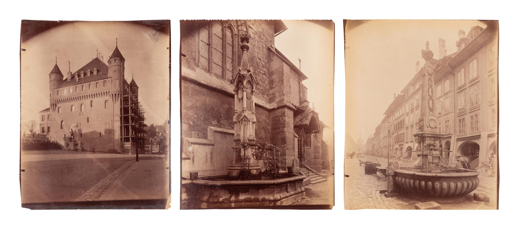 A group of three photographs depicting Swiss scenes ( [Lausanne, Suisse]; Fontaine a Berne (Suisse); Fontaine de Lausanne (Suisse) )