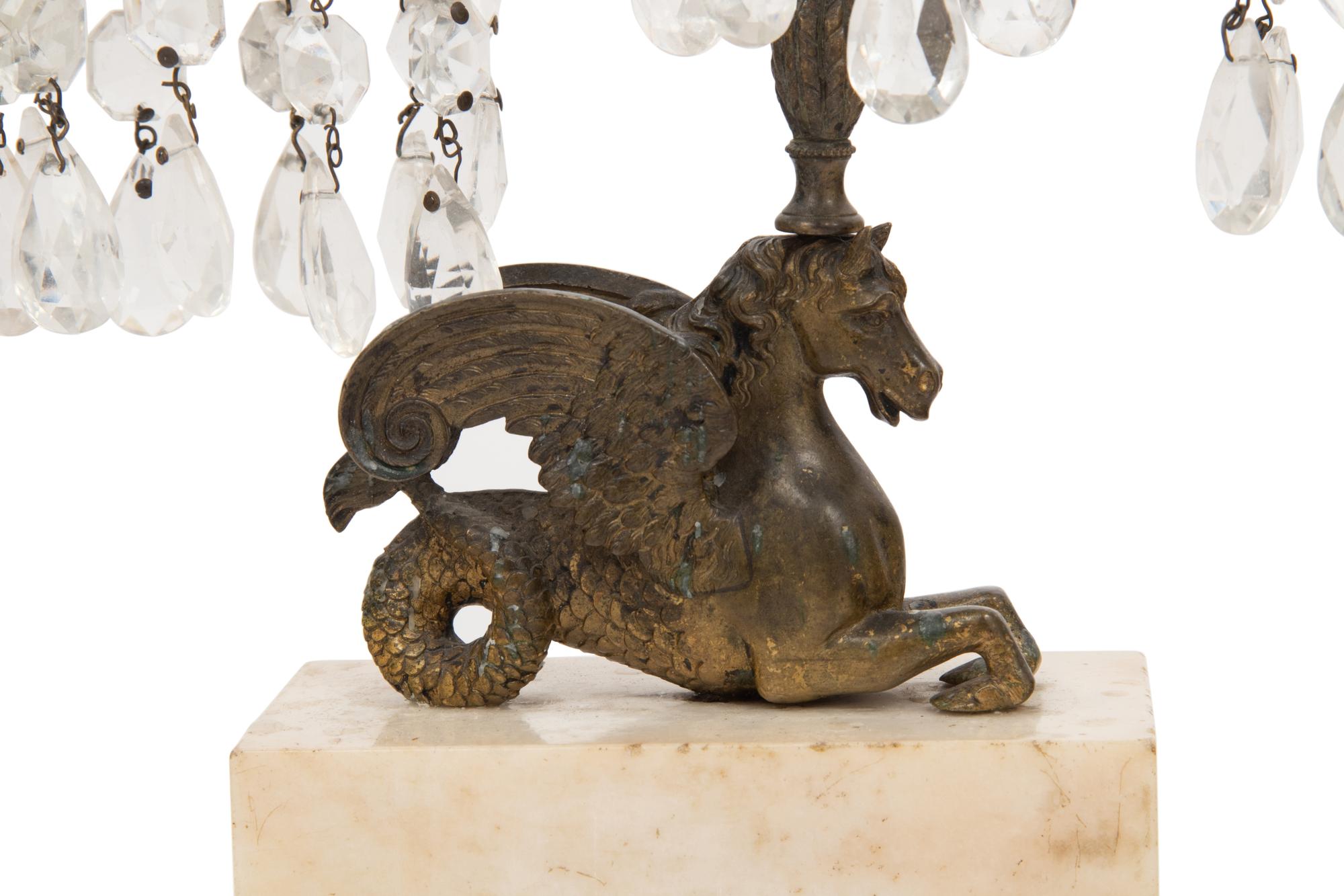 A Pair of Regency Gilt Bronze, Cut Glass and Marble Girandoles