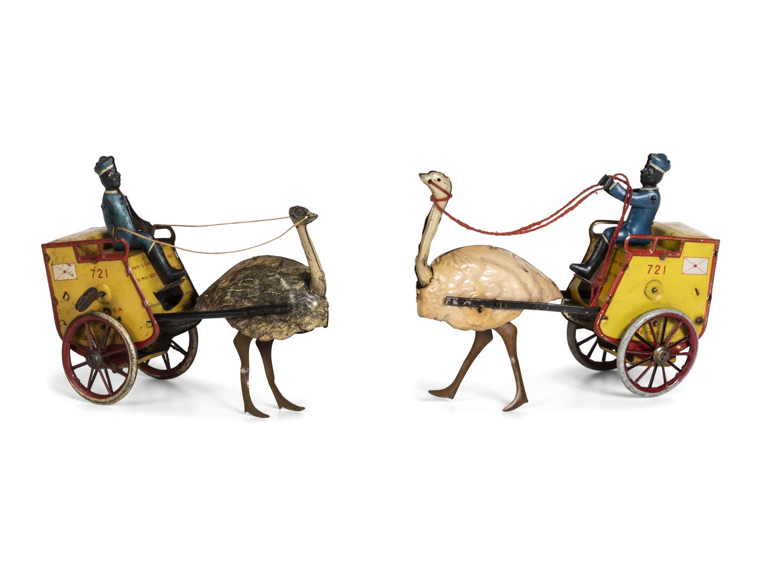 Two Lehmann 'Zulu' Tin Lithograph Ostrich Cart Windup Toys