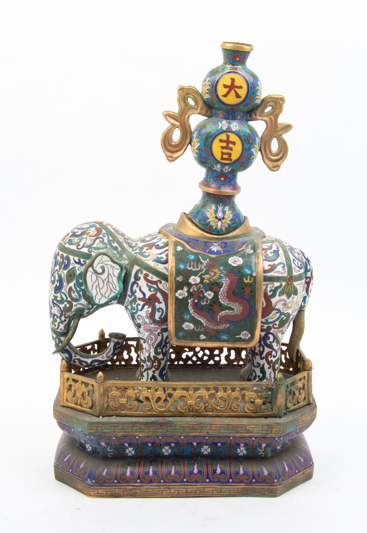 A Pair of Cloisonne Models of Elephants Width 12 1/2 inches.