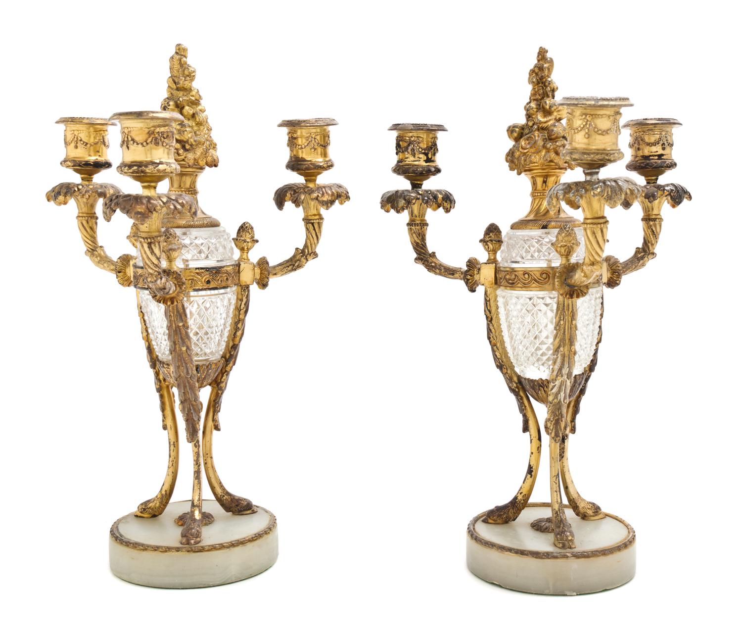 A Pair of Continental Gilt Bronze and Cut Glass Three-Light Candelabra, Height 13 inches.