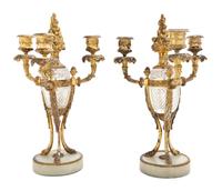 A Pair of Continental Gilt Bronze and Cut Glass Three-Light Candelabra, Height 13 inches.