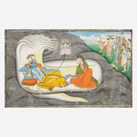 Three Indian miniatures depicting Vishnu and a scene possibly from the Ramayana 毗湿奴袖珍画像三幅 Punjab Hills, 18th-19th century ????? ???????