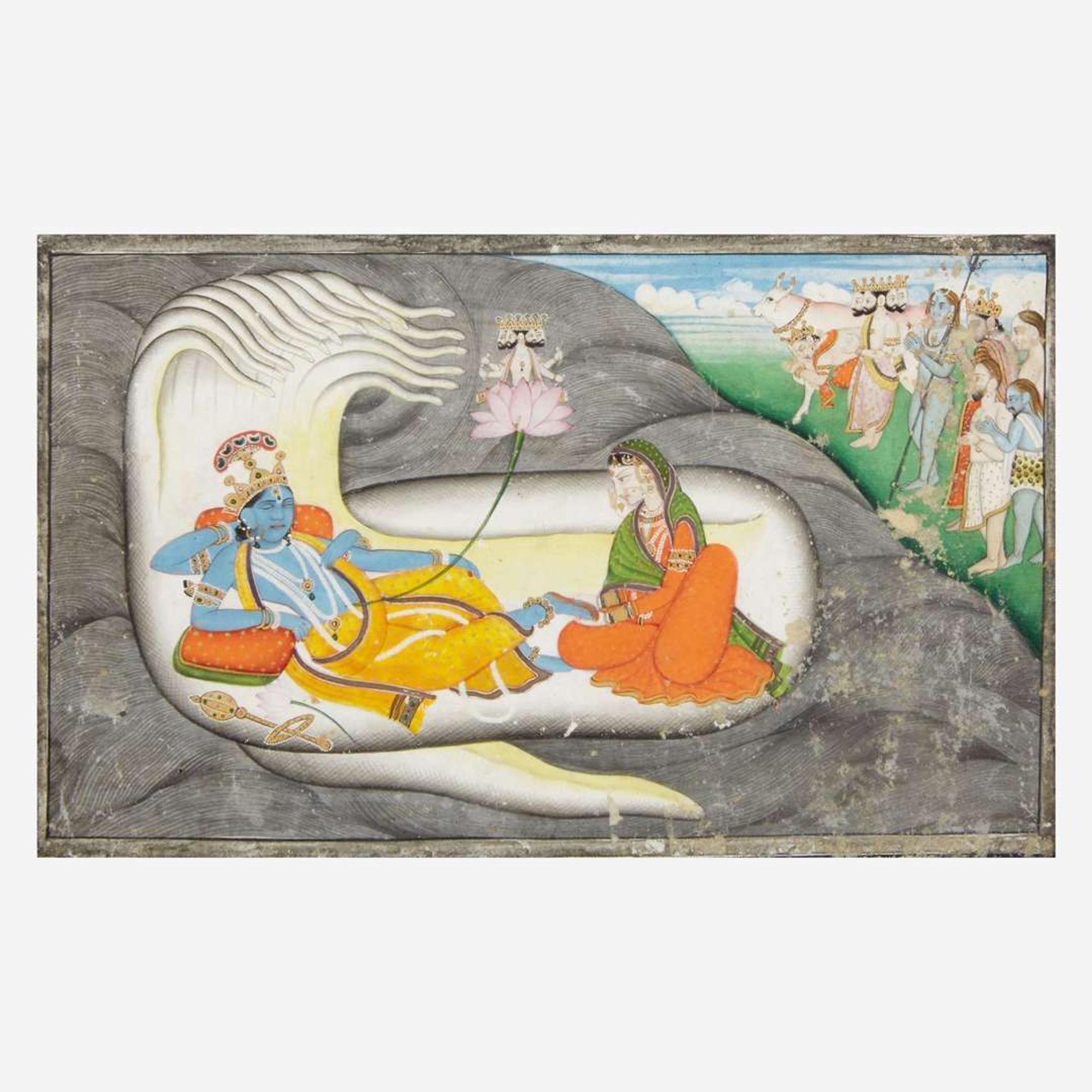 Three Indian miniatures depicting Vishnu and a scene possibly from the Ramayana 毗湿奴袖珍画像三幅 Punjab Hills, 18th-19th century ????? ???????