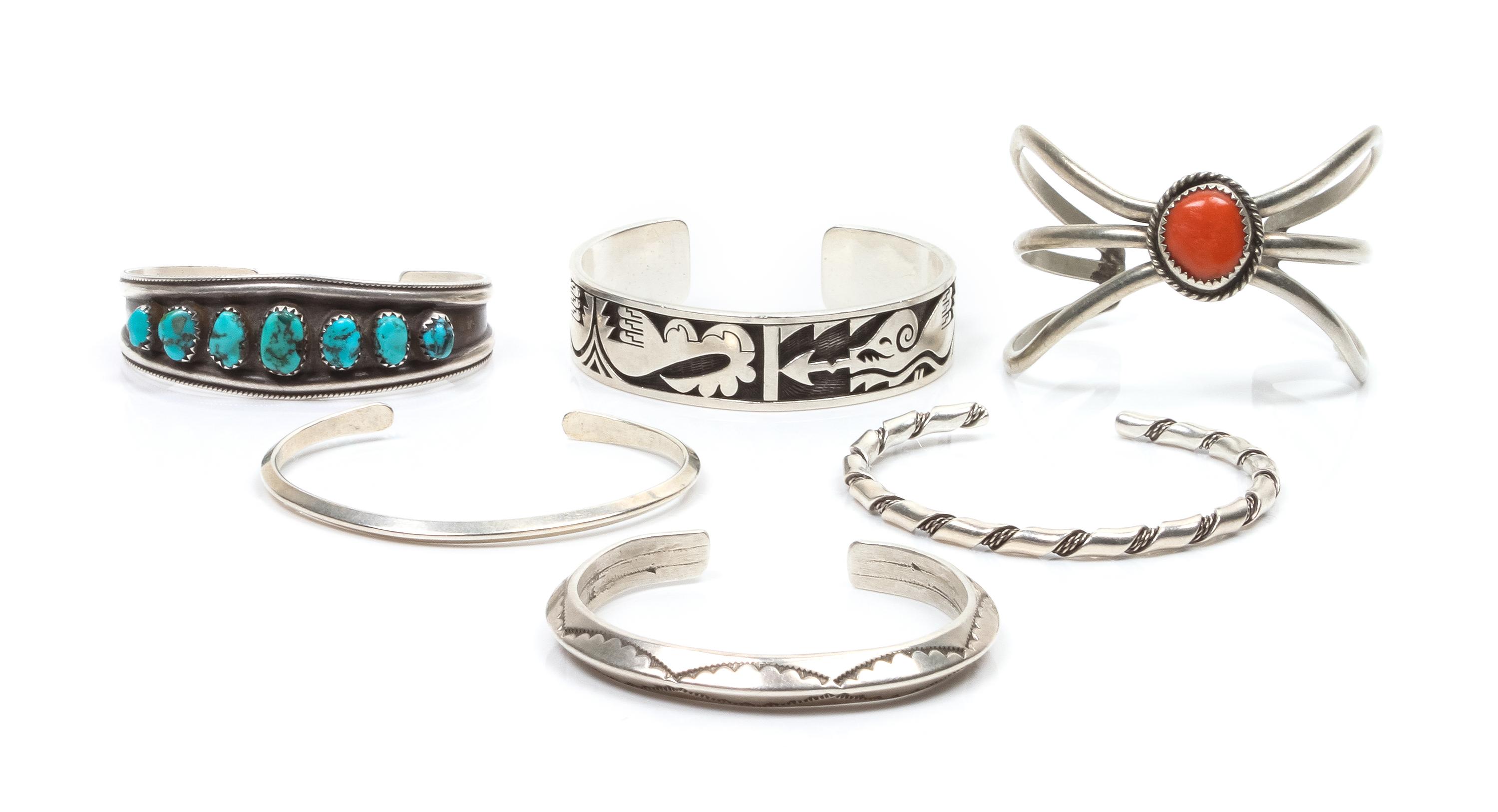 Six Silver Cuffs Largest 5 5/8 inches plus 3/4 inch opening.
