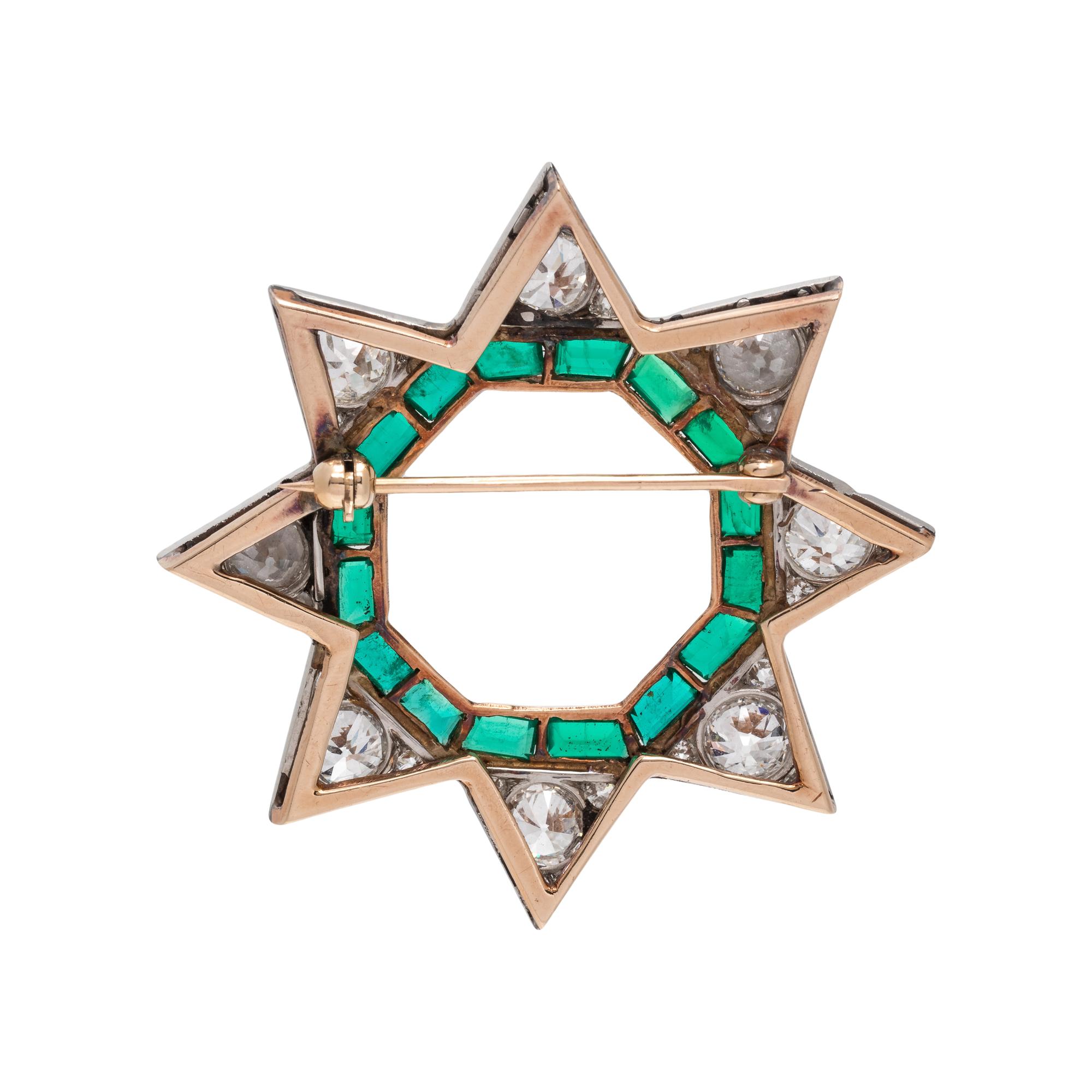ANTIQUE, DIAMOND AND EMERALD STAR BROOCH
