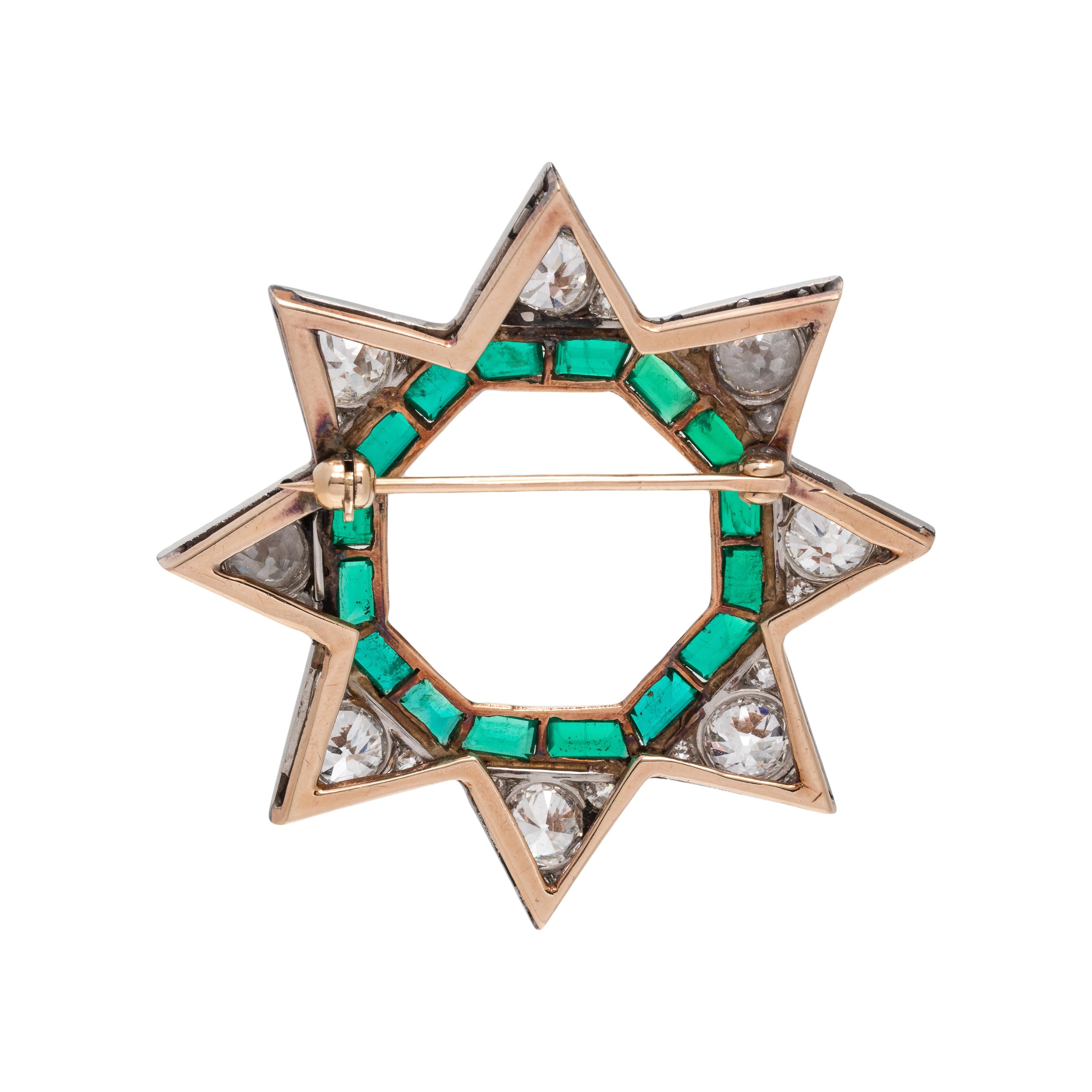 ANTIQUE, DIAMOND AND EMERALD STAR BROOCH