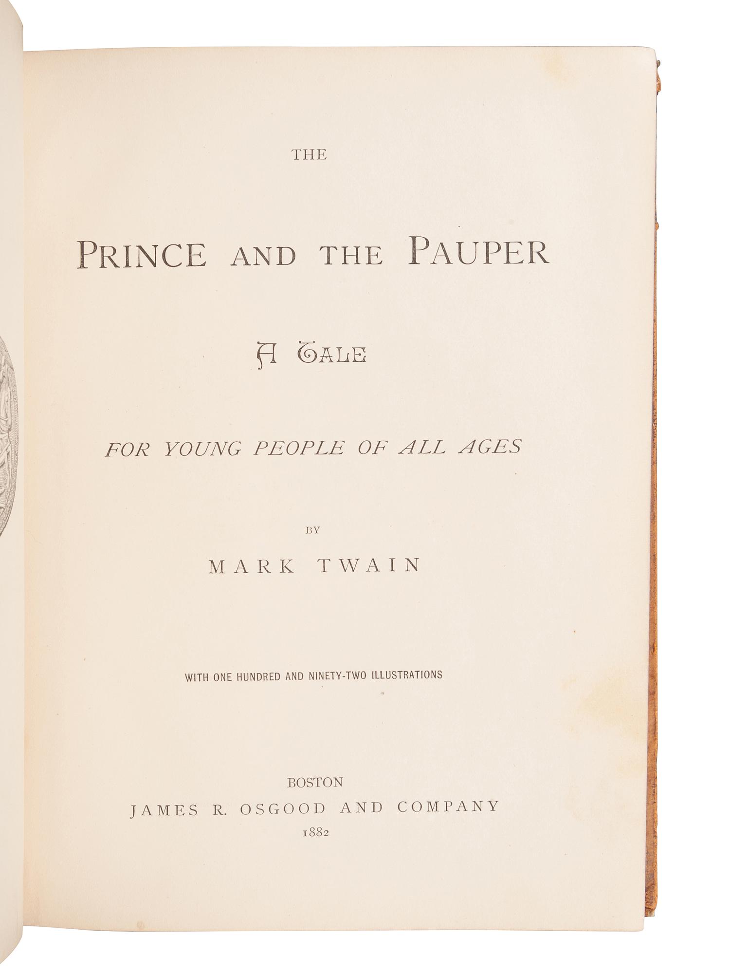CLEMENS, Samuel ("Mark Twain") (1835-1910). The Prince and the Pauper . Boston: James R. Osgood and Company, 1882.