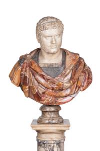 A Mixed Marble Portrait Bust of Caracalla with a Continental Marble Column