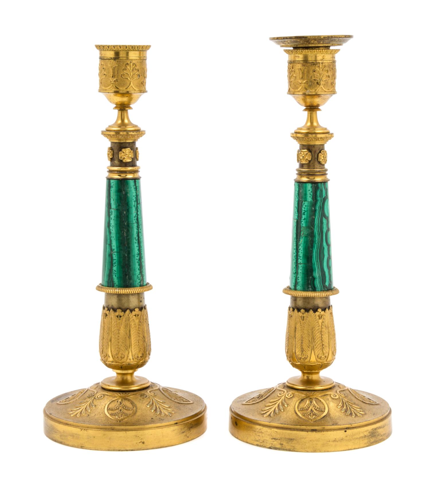 A Pair of Empire Style Malachite and Gilt Bronze Candlesticks Height 10 5/8 inches. — 19TH/20TH CENTURY