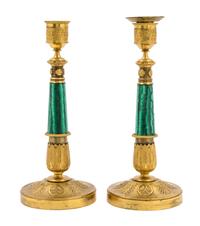 A Pair of Empire Style Malachite and Gilt Bronze Candlesticks Height 10 5/8 inches. — 19TH/20TH CENTURY