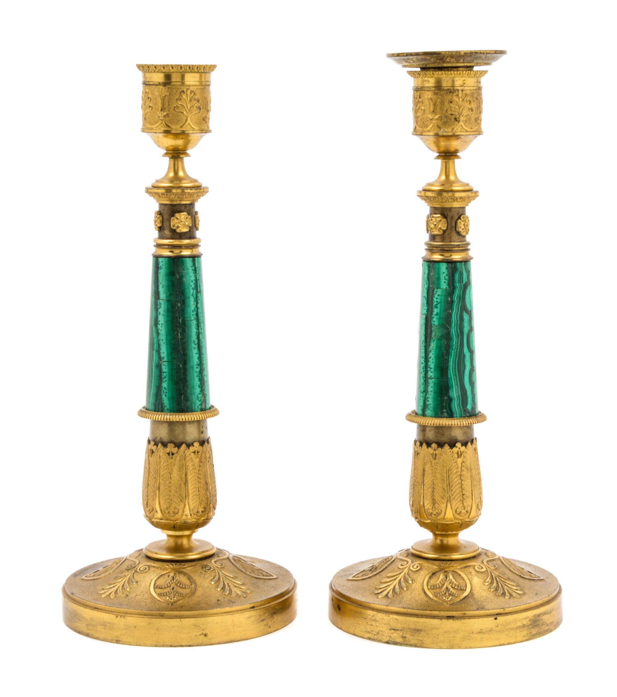 A Pair of Empire Style Malachite and Gilt Bronze Candlesticks Height 10 5/8 inches. — 19TH/20TH CENTURY