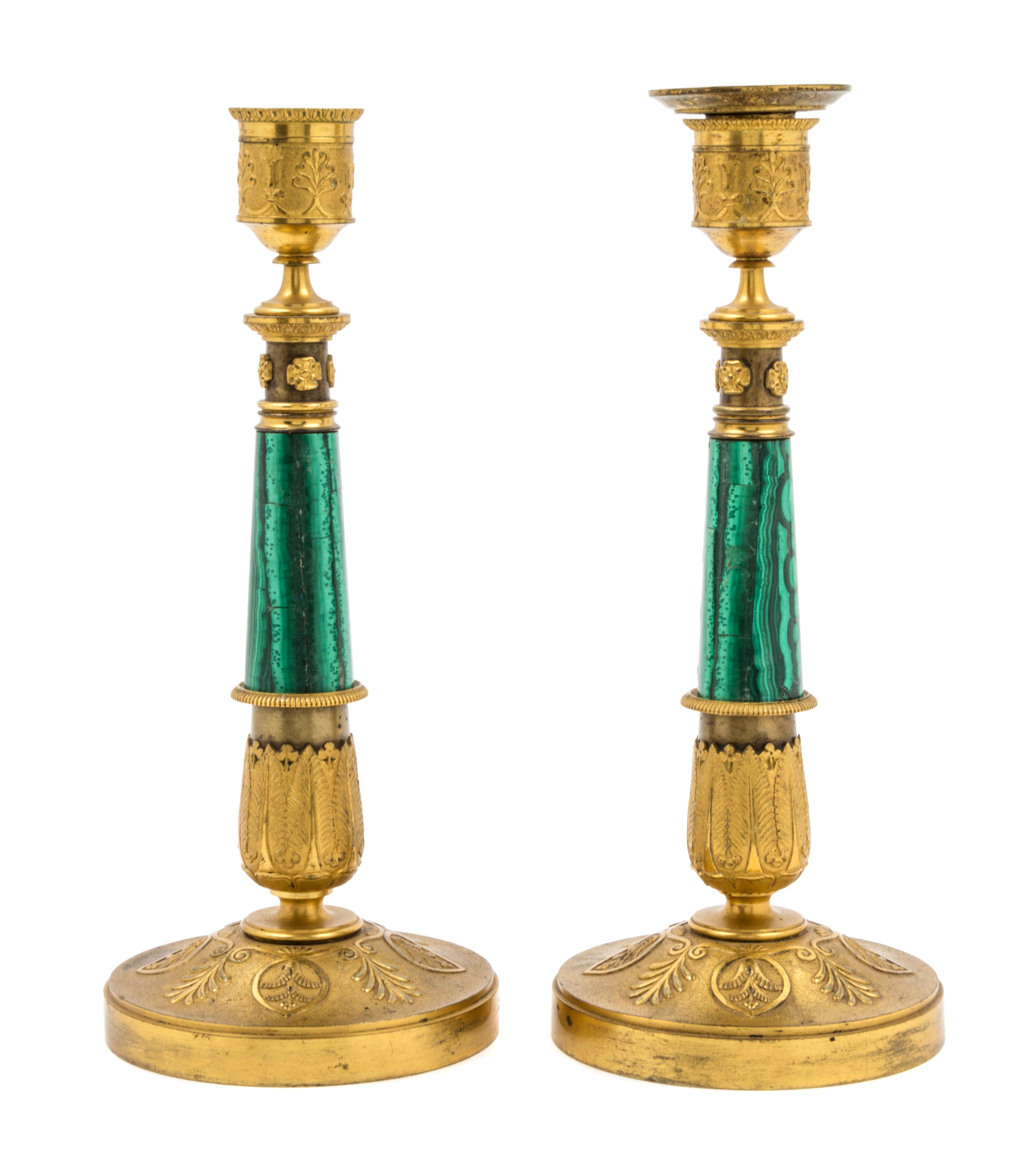 A Pair of Empire Style Malachite and Gilt Bronze Candlesticks Height 10 5/8 inches. — 19TH/20TH CENTURY