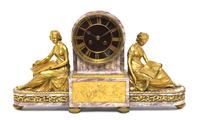 A French Gilt Bronze and Marble Mantel Clock, Height 10 1/2 x width 19 1/2 inches.