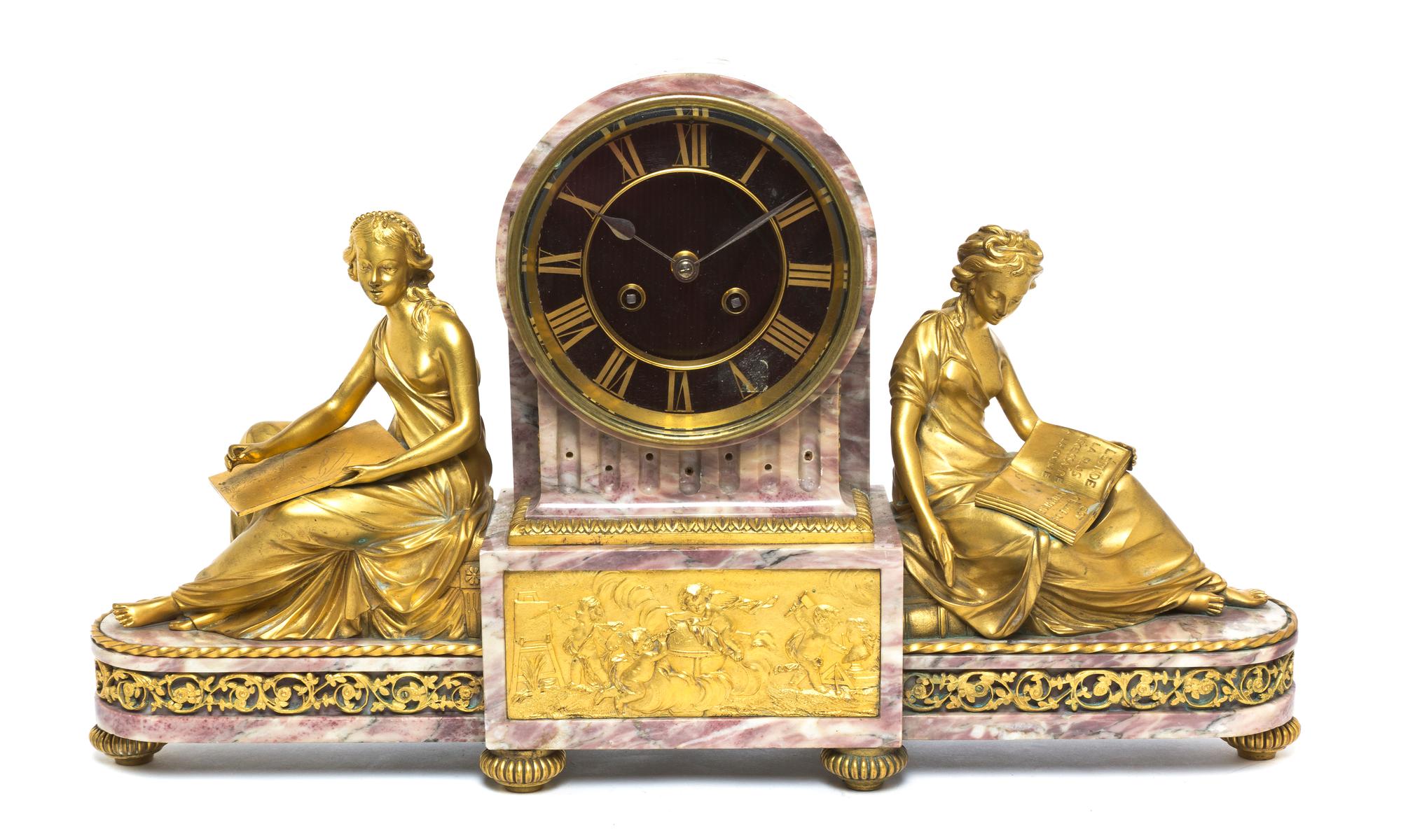A French Gilt Bronze and Marble Mantel Clock, Height 10 1/2 x width 19 1/2 inches.