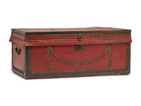 A China Trade Camphorwood Red Leather Clad and Brass Tack-Decorated Trunk
