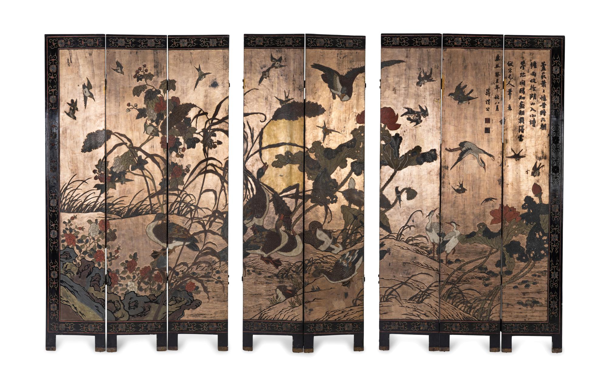 A Chinese Polychromed Eight Panel Coromandel Screen