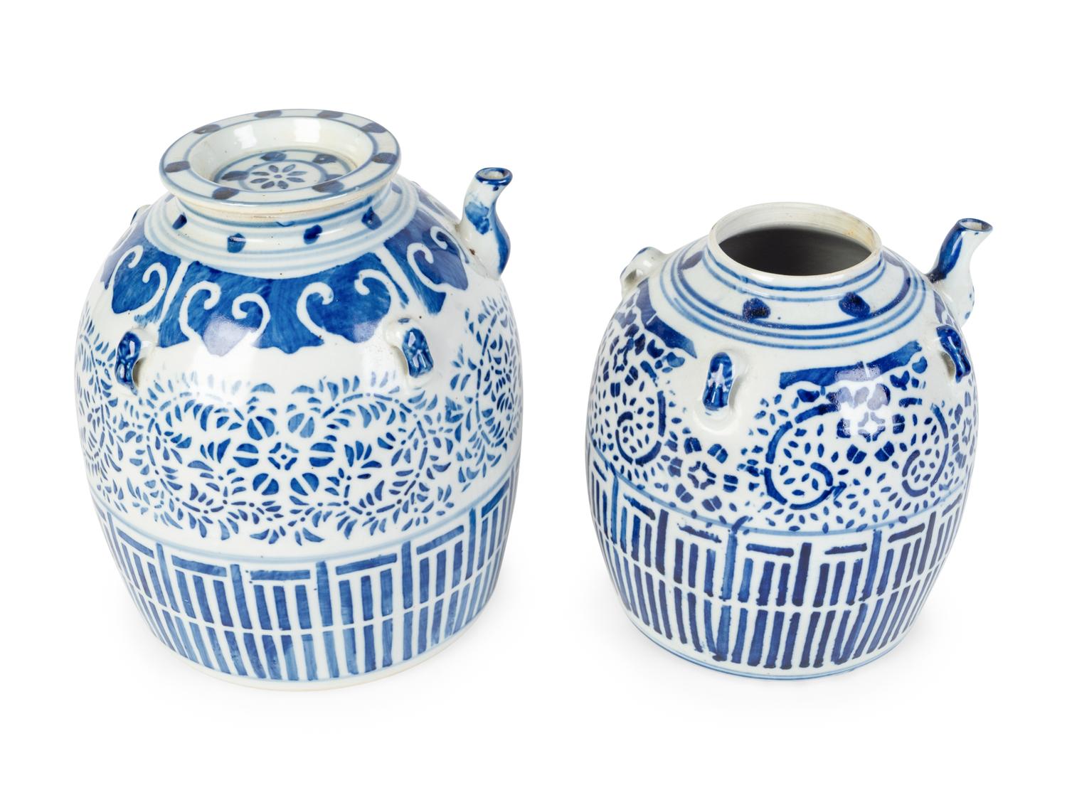 Two Chinese Blue and White Porcelain Wine Pots — 20TH CENTURY