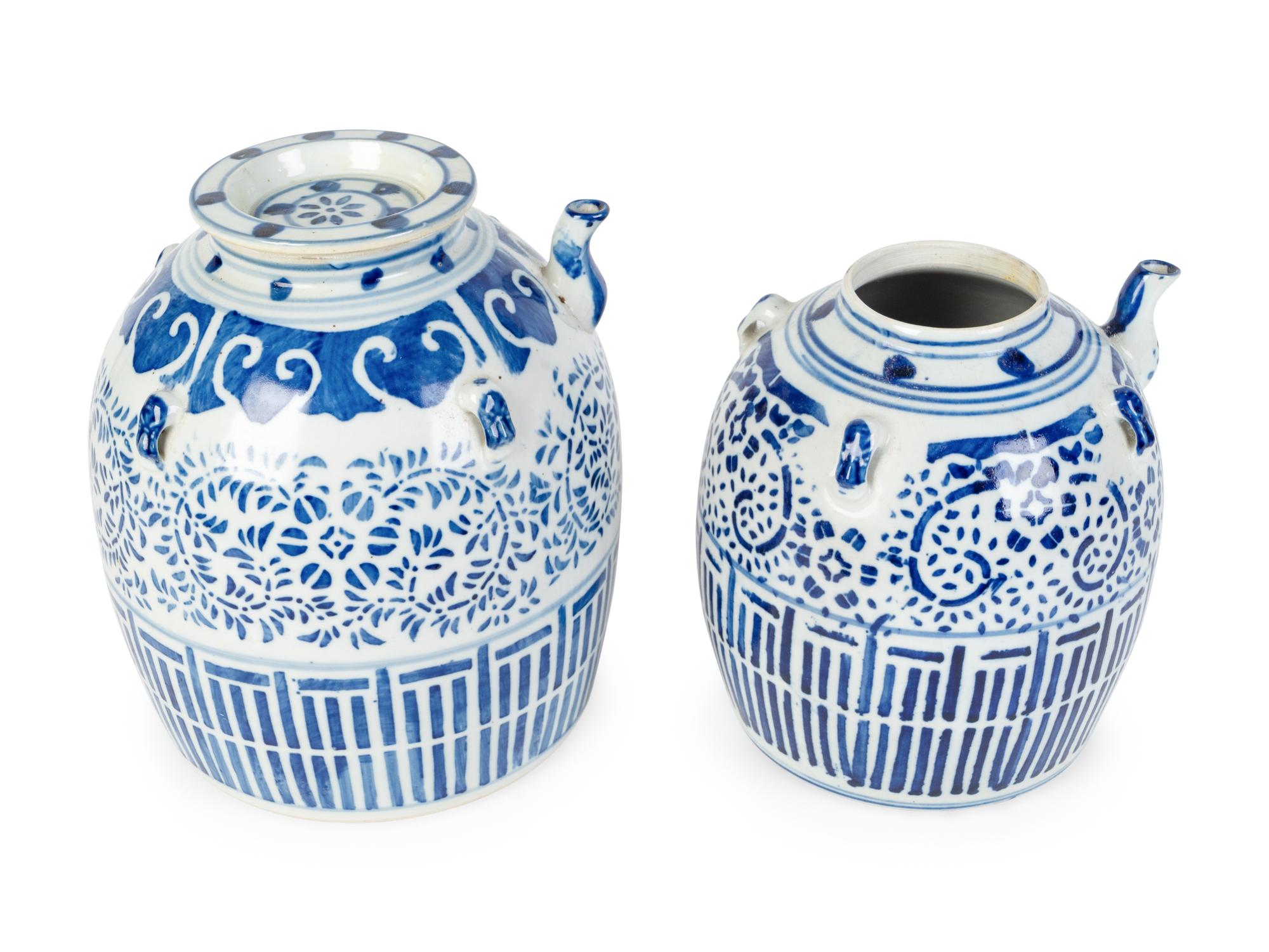 Two Chinese Blue and White Porcelain Wine Pots — 20TH CENTURY
