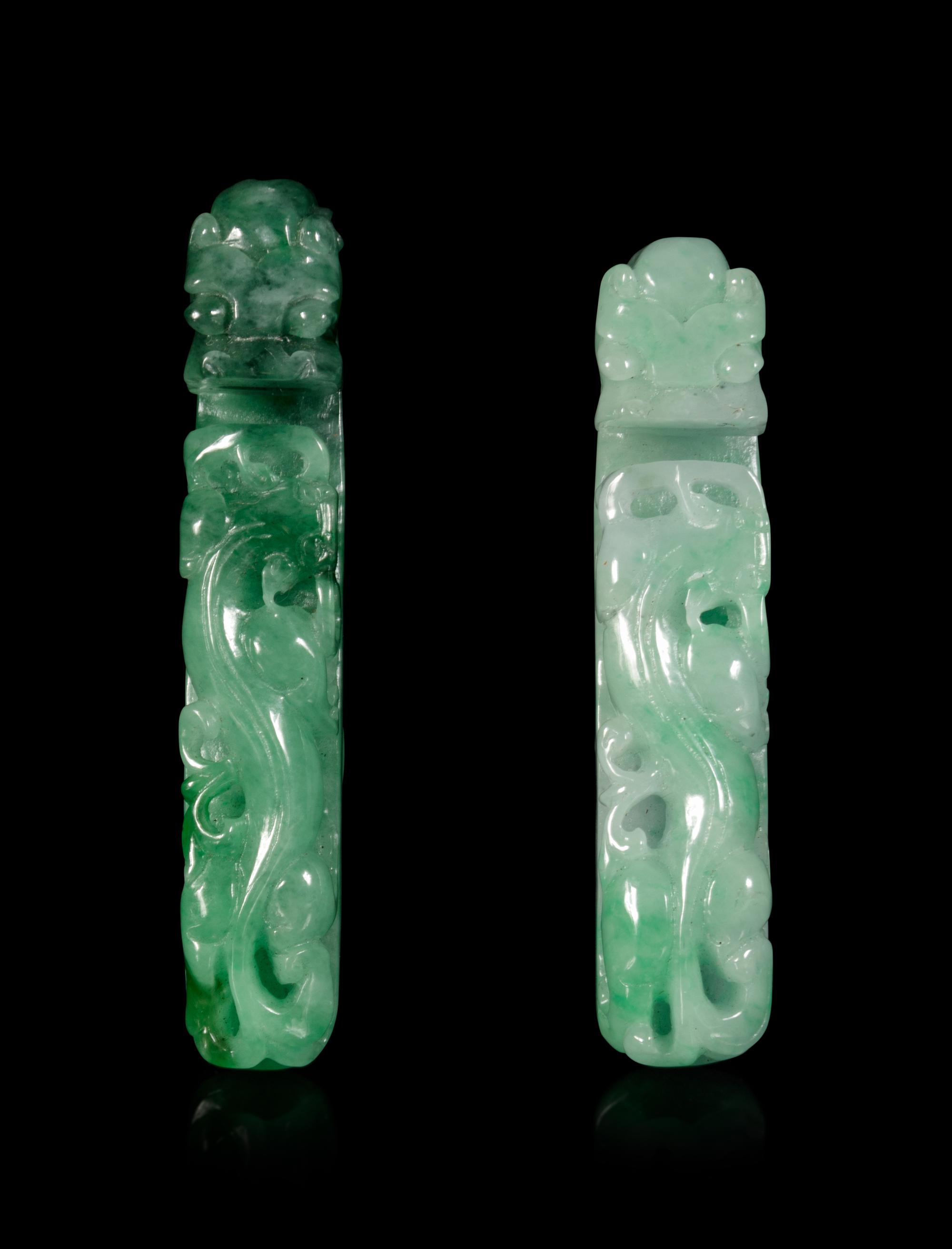Two Chinese Jadeite 'Chilong' Belt Hooks