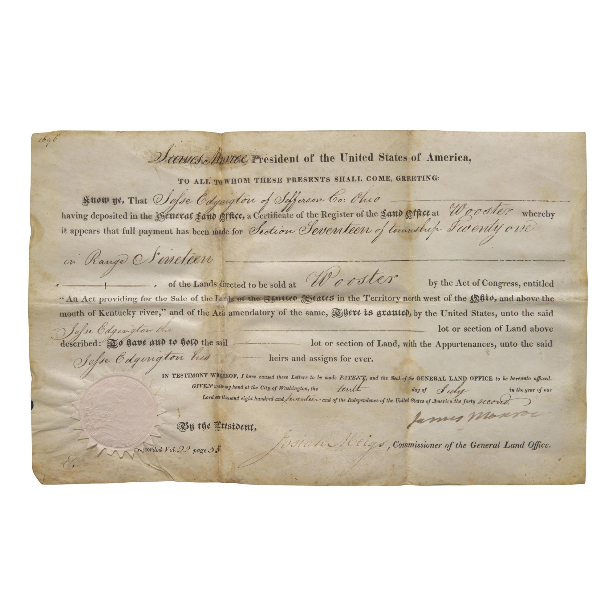 [Presidential] Monroe, James. Partially-printed document, signed