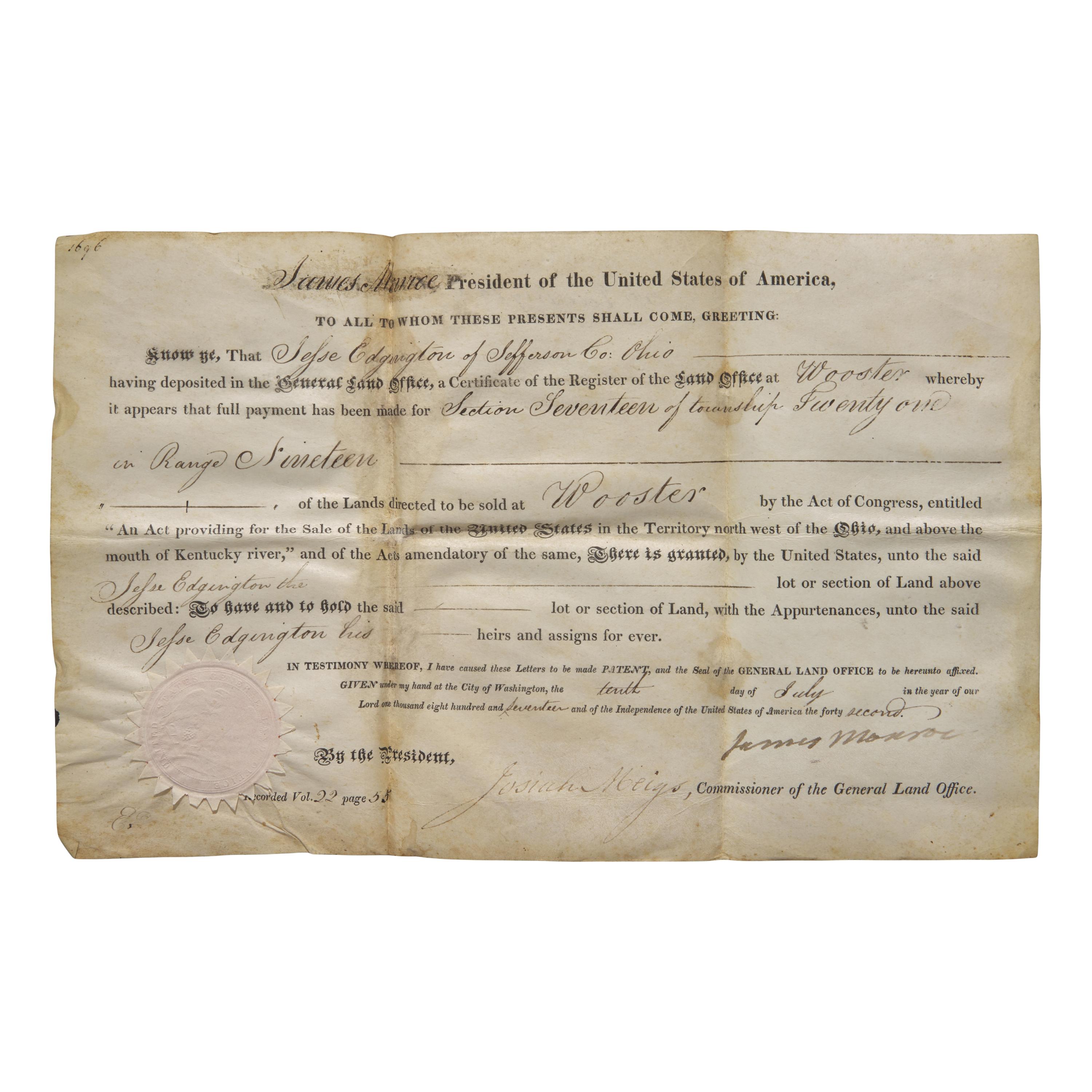 [Presidential] Monroe, James. Partially-printed document, signed