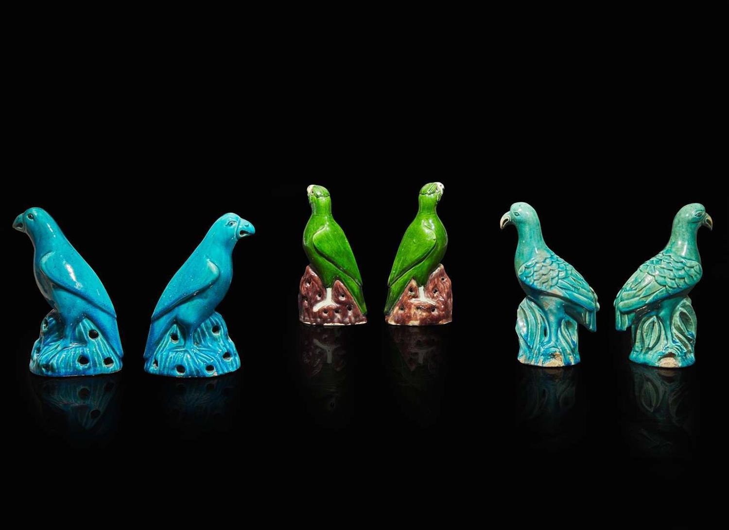 Three pairs of Chinese export enameled porcelain birds 出口瓷塑鳥三對
